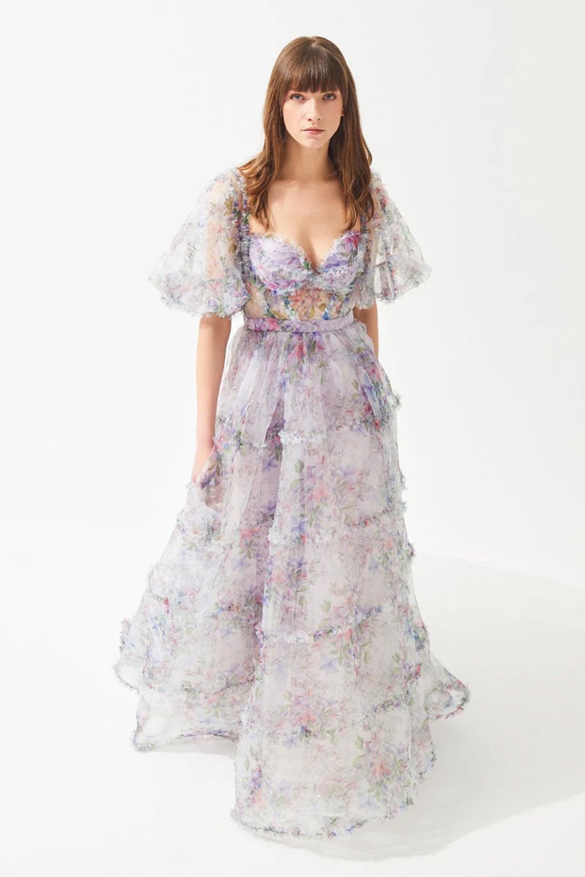 Floral Patterned Heart Neck Balloon Sleeve Organza Long Dress
