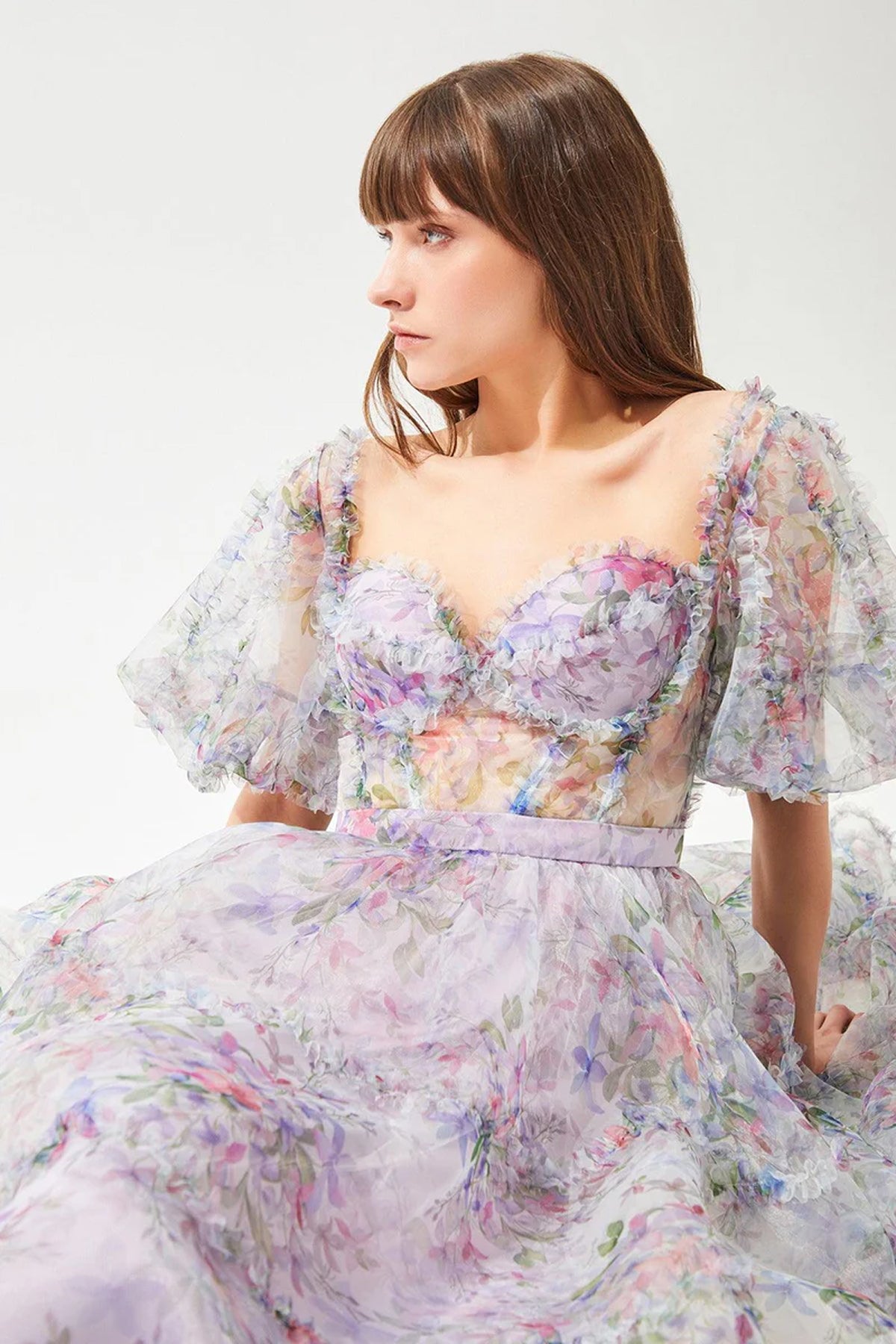 Floral Patterned Heart Neck Balloon Sleeve Organza Long Dress