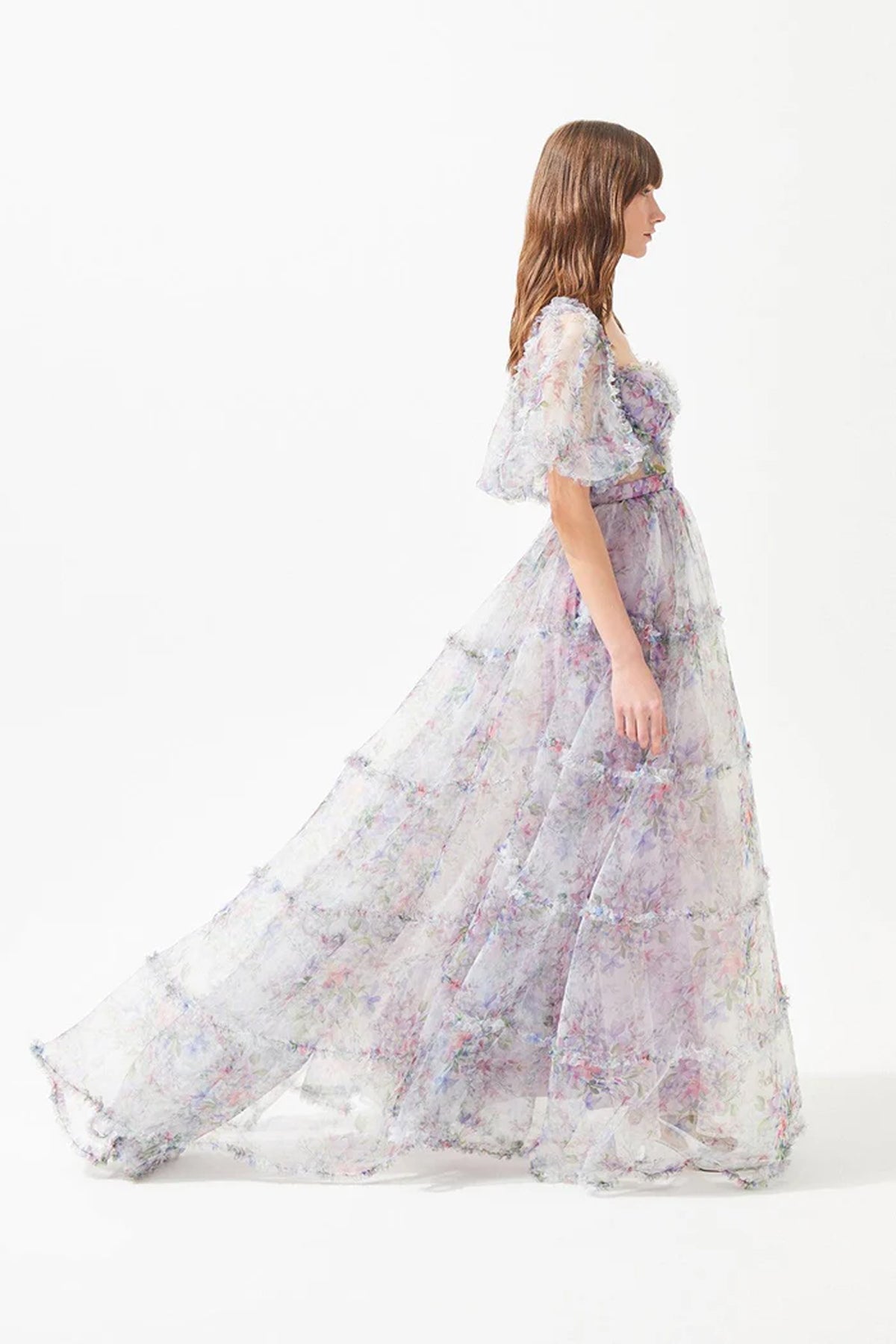 Floral Patterned Heart Neck Balloon Sleeve Organza Long Dress