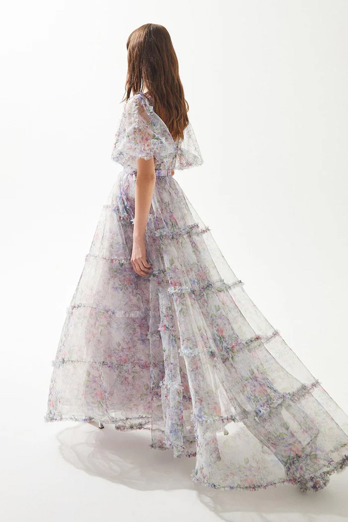 Floral Patterned Heart Neck Balloon Sleeve Organza Long Dress