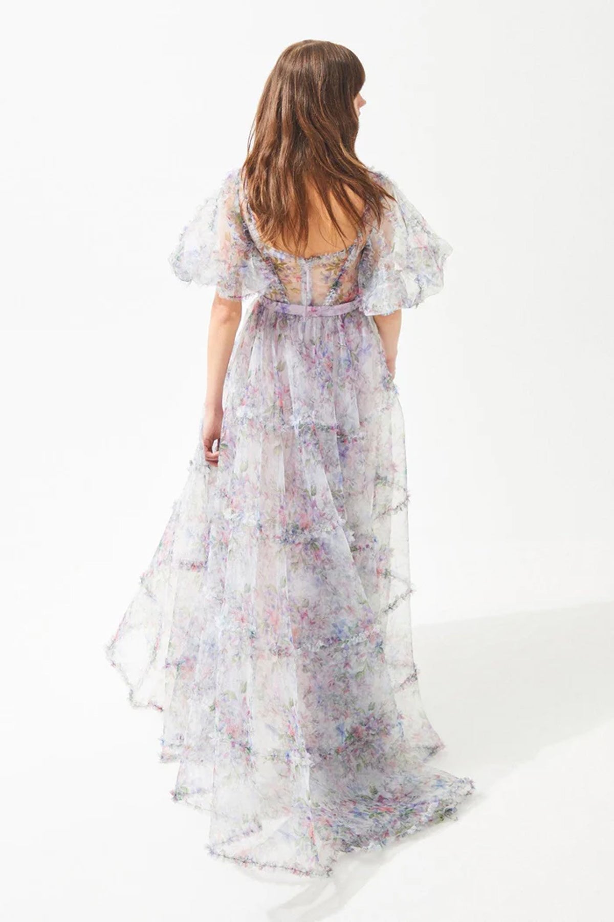 Floral Patterned Heart Neck Balloon Sleeve Organza Long Dress