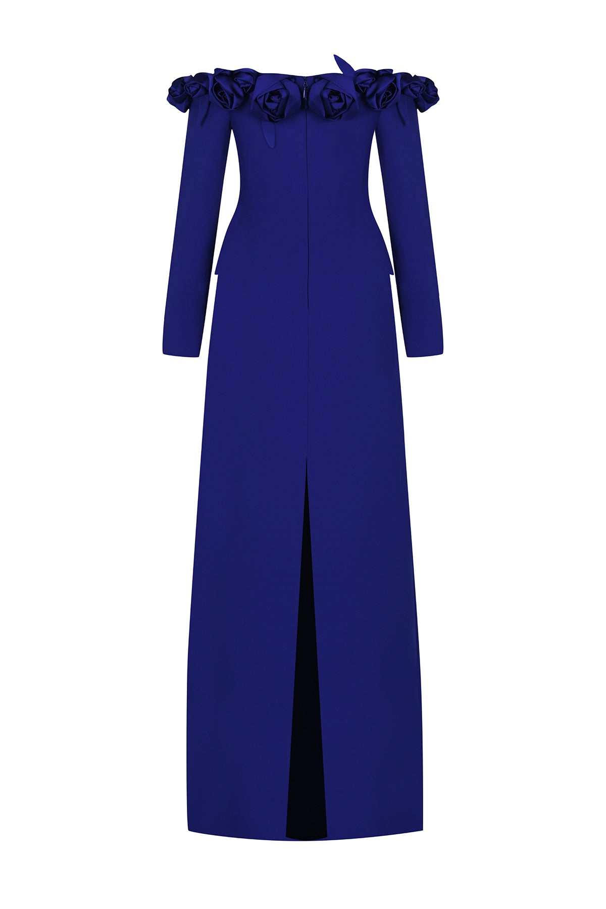 Omuzları Açık Gül Aplikeli Uzun Kollu Abiye Elbise