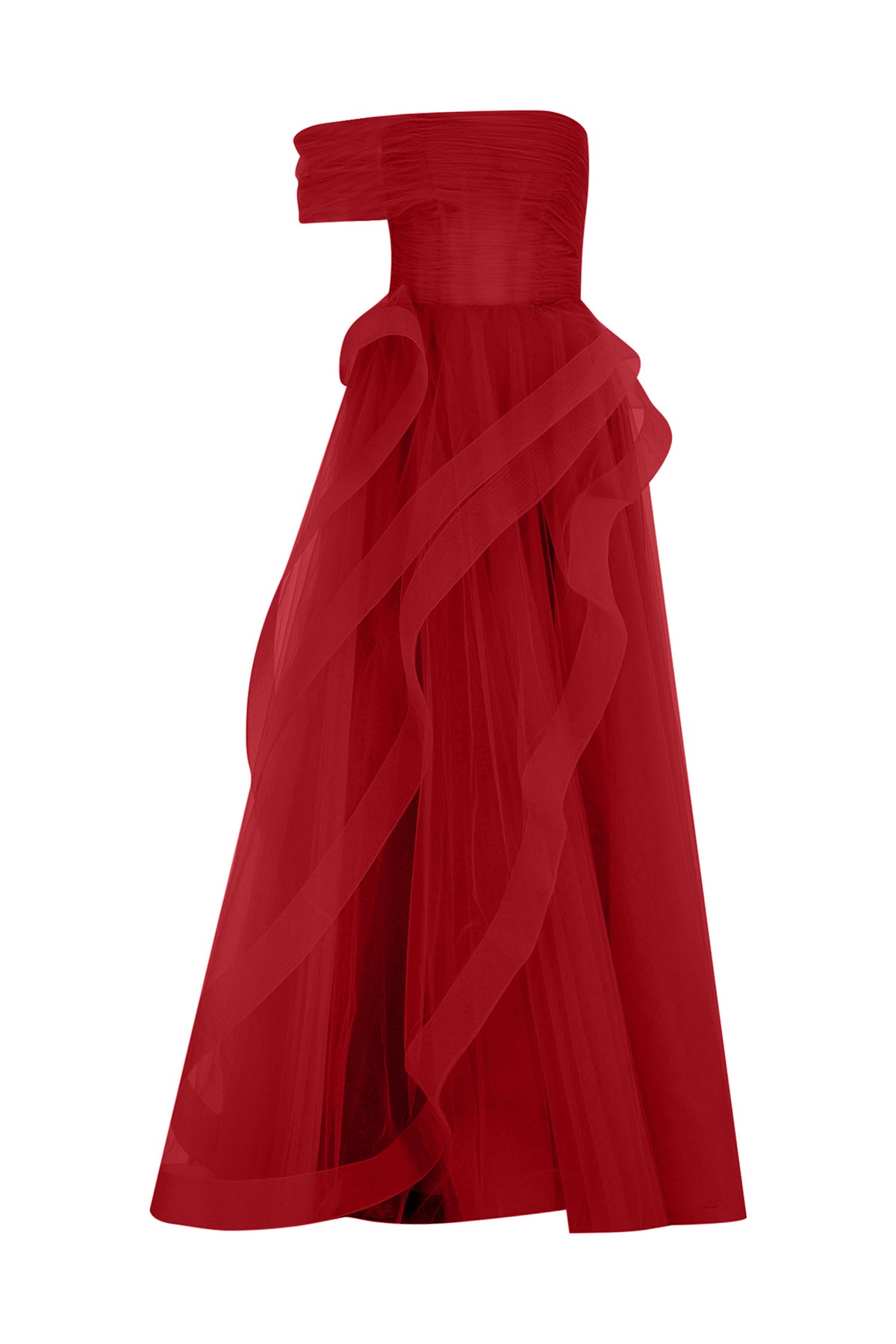 One Shoulder Flounce Detailed Tulle Long Evening Dress