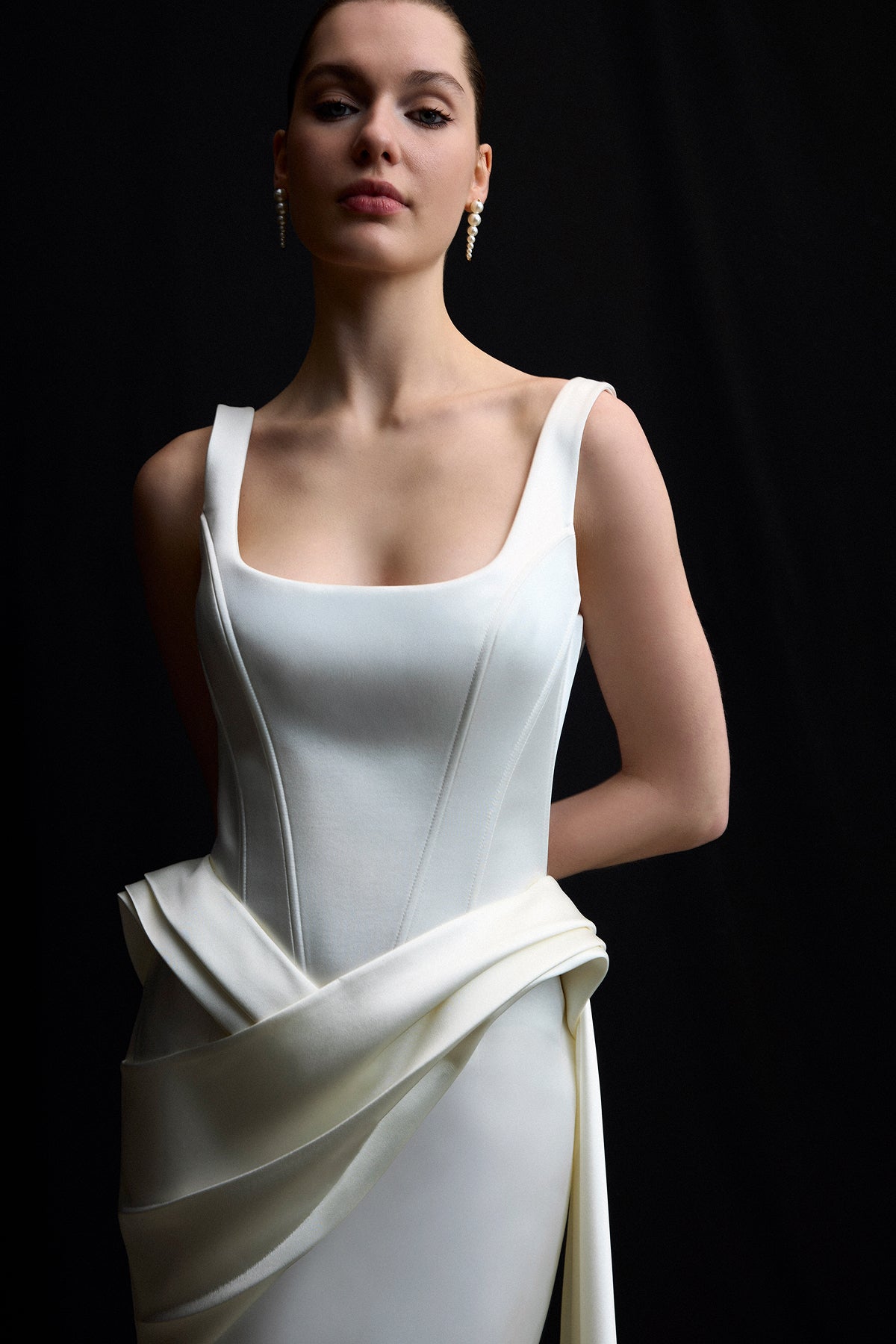 Square Neck and Draped Waist Detail Fish Cut Evening Dress
