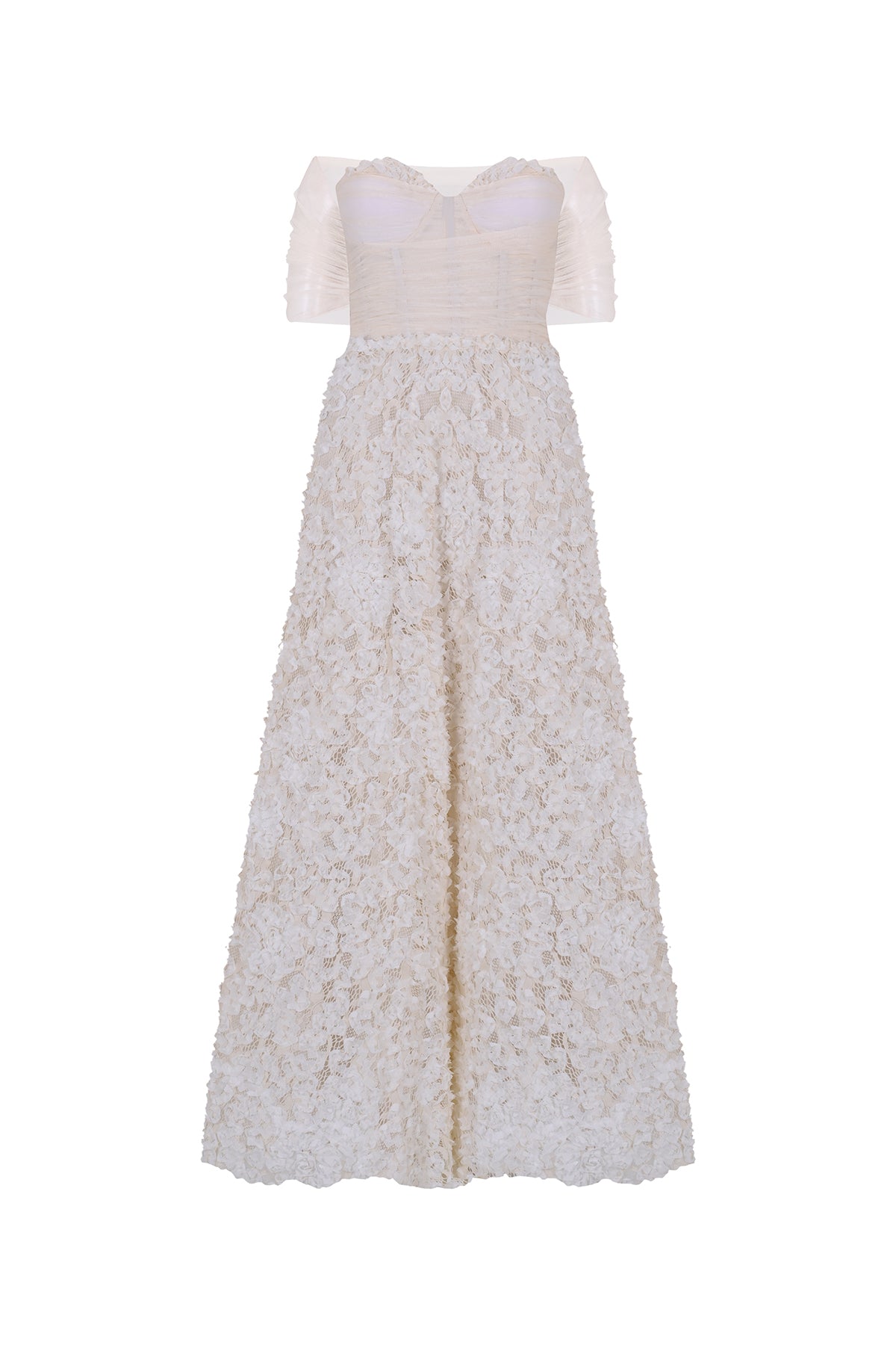 Çiçek Aplikeli Transparan Büst Detaylı Uzun Abiye Elbise