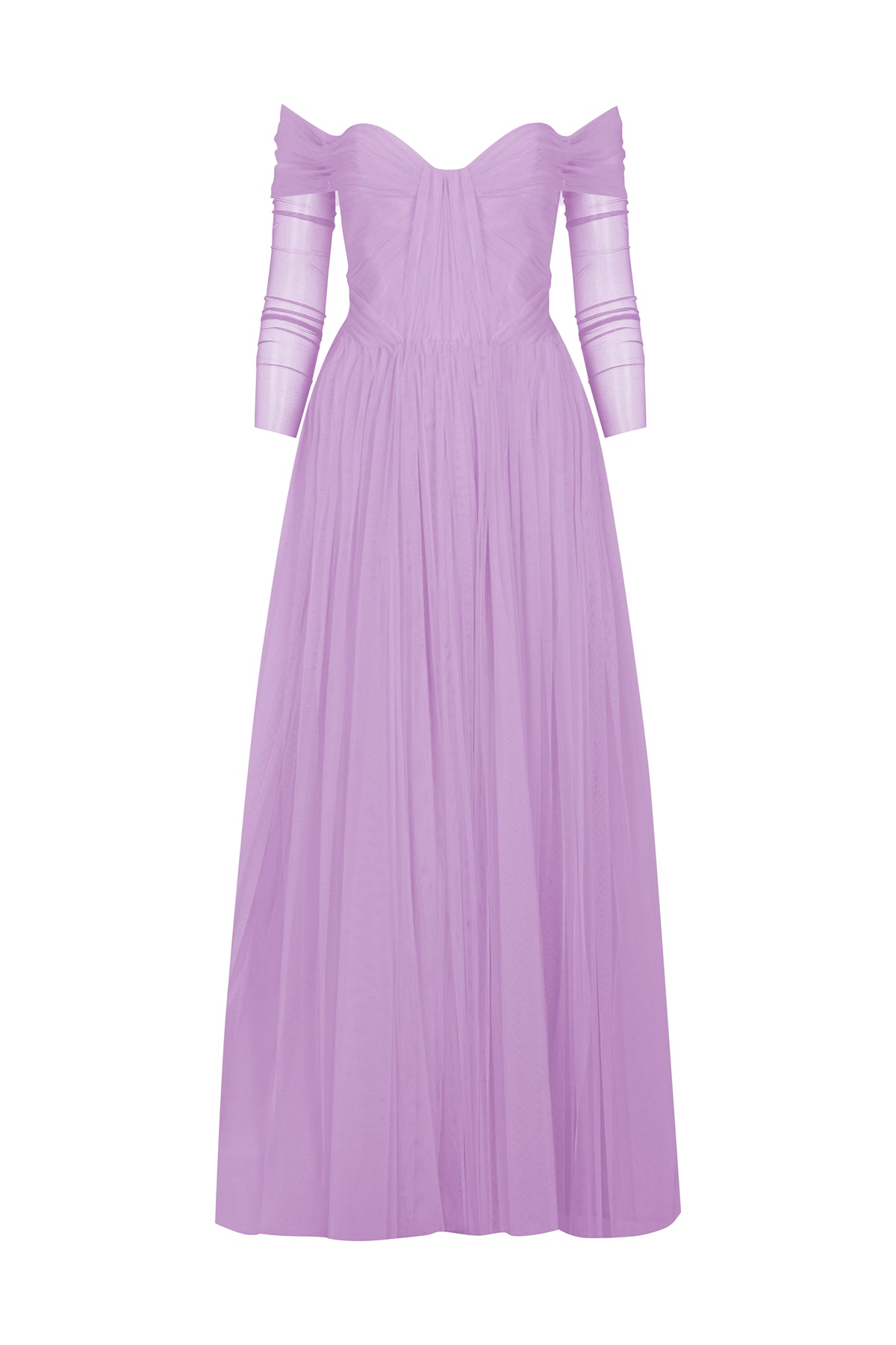 Transparan Tül Kollu Straplez Uzun Abiye