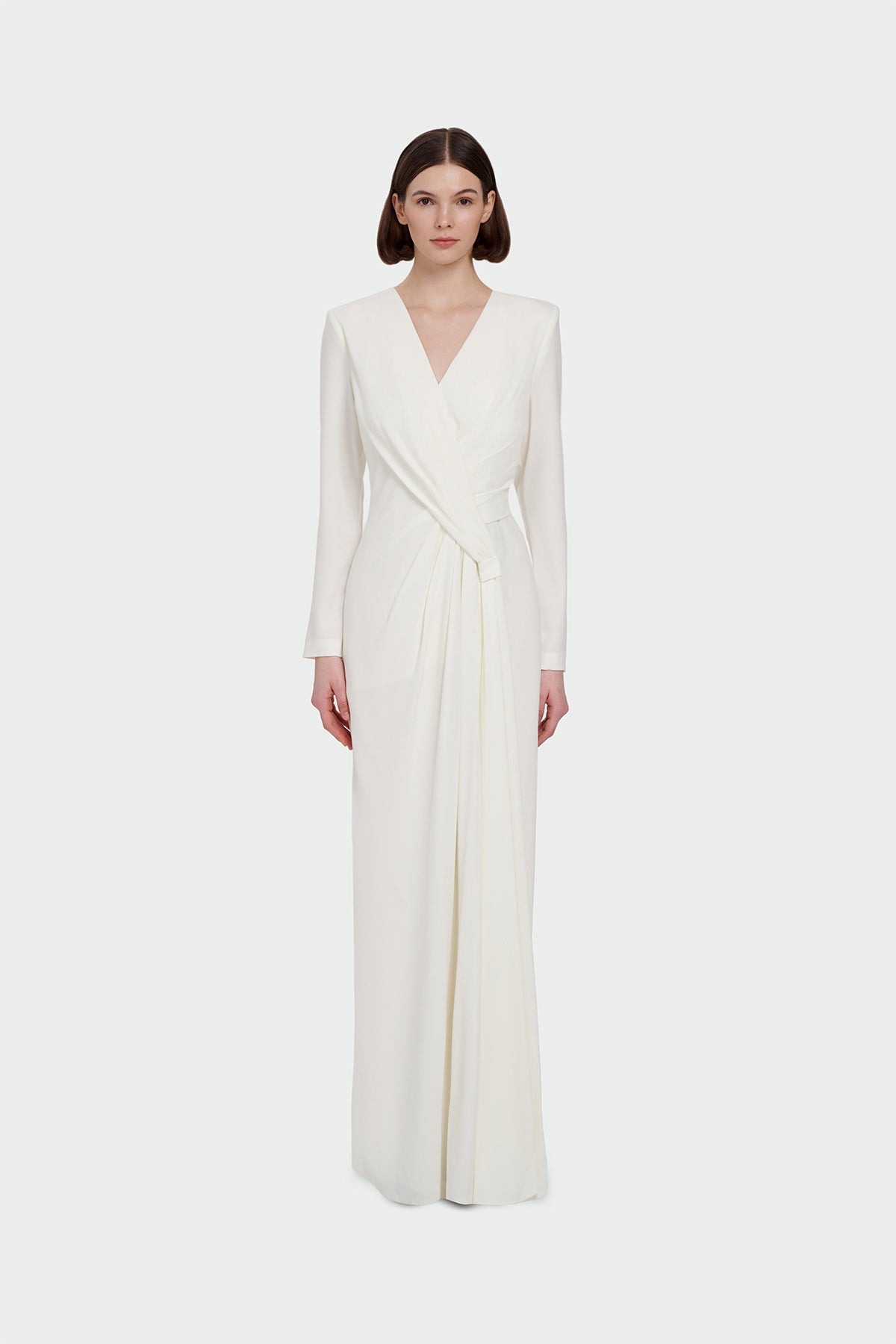 V Yaka Uzun Kollu Drapeli Abiye Elbise