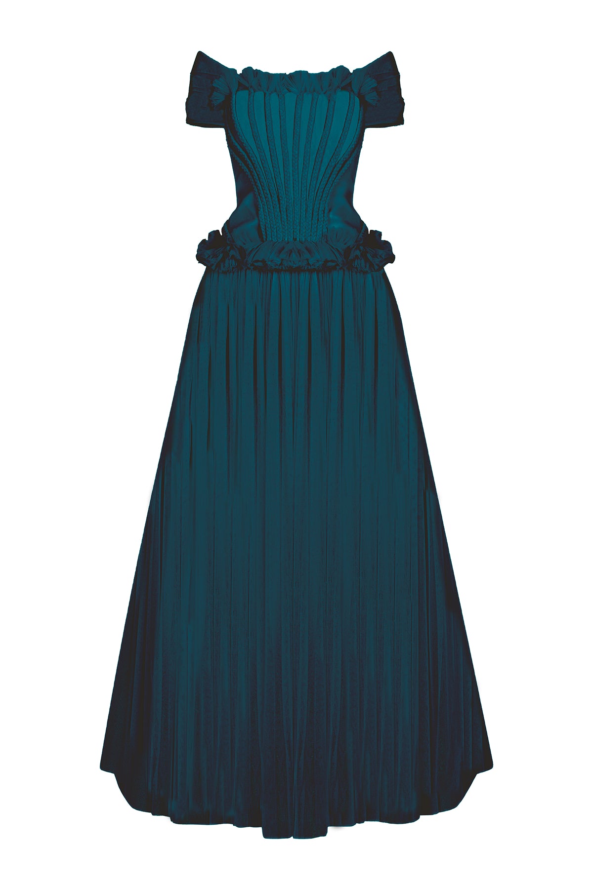 Beli Büzgü Detaylı Omuzları Açık Uzun Abiye Elbise