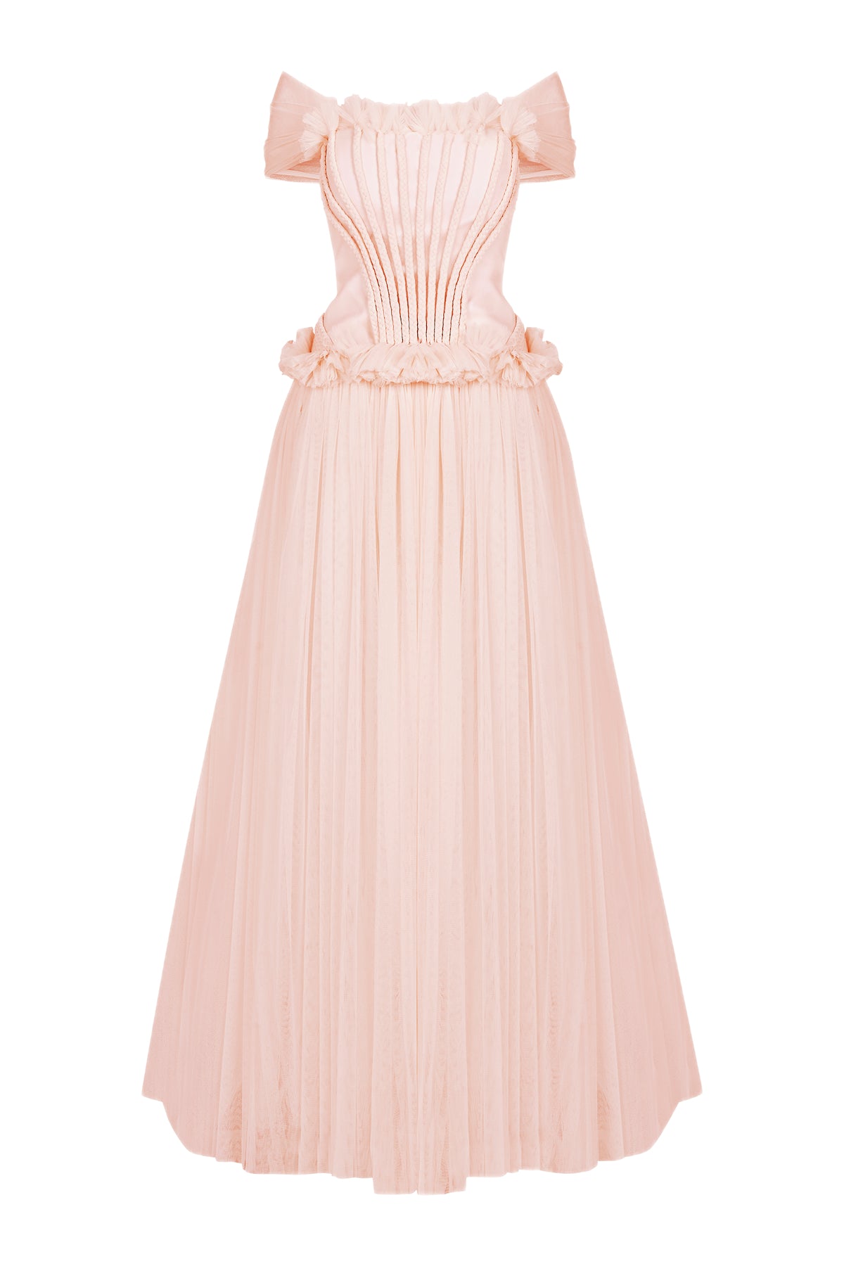 Beli Büzgü Detaylı Omuzları Açık Uzun Abiye Elbise