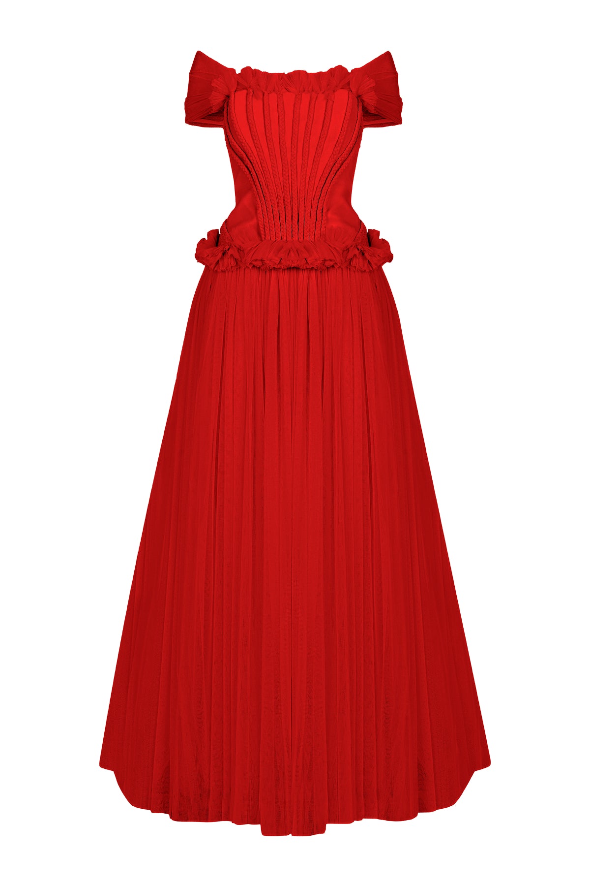 Beli Büzgü Detaylı Omuzları Açık Uzun Abiye Elbise