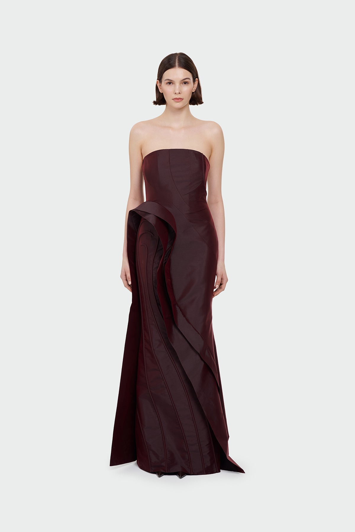 Straplez Volan Detaylı Uzun Abiye Elbise