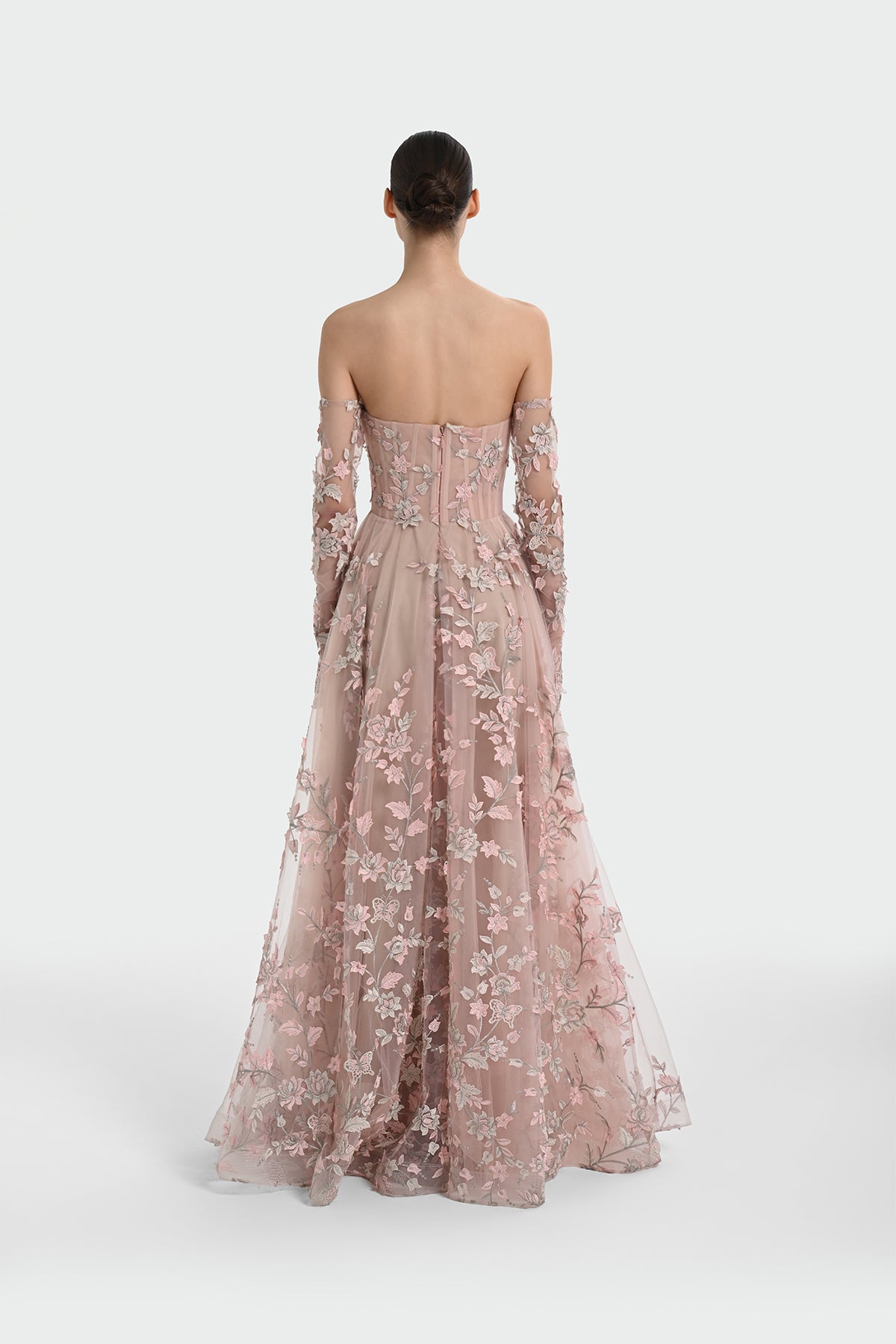 فستان سهرة ثلاثي الأبعاد مزين بالزهور مع قفازات