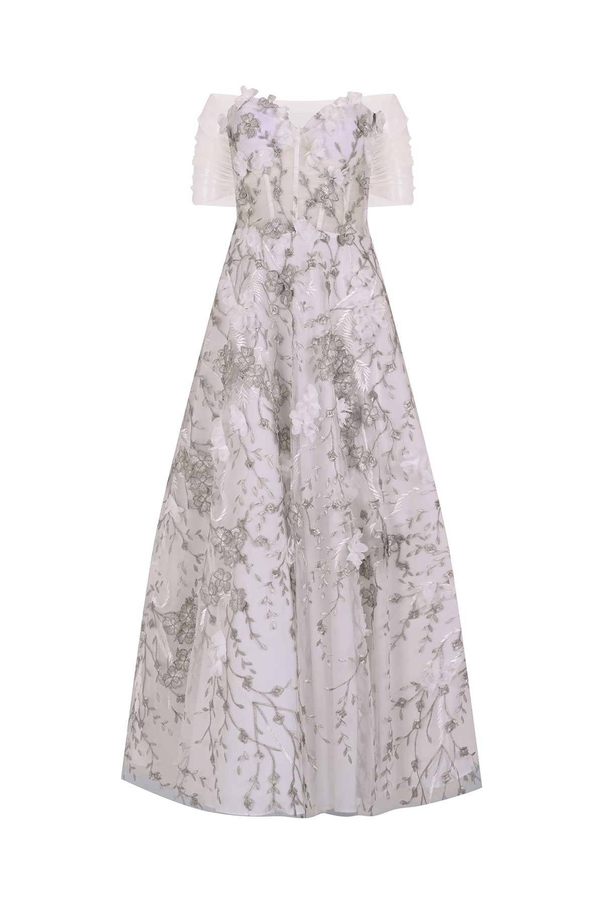 Üç Boyut Çiçek Detaylı Düşük Omuz Abiye Elbise