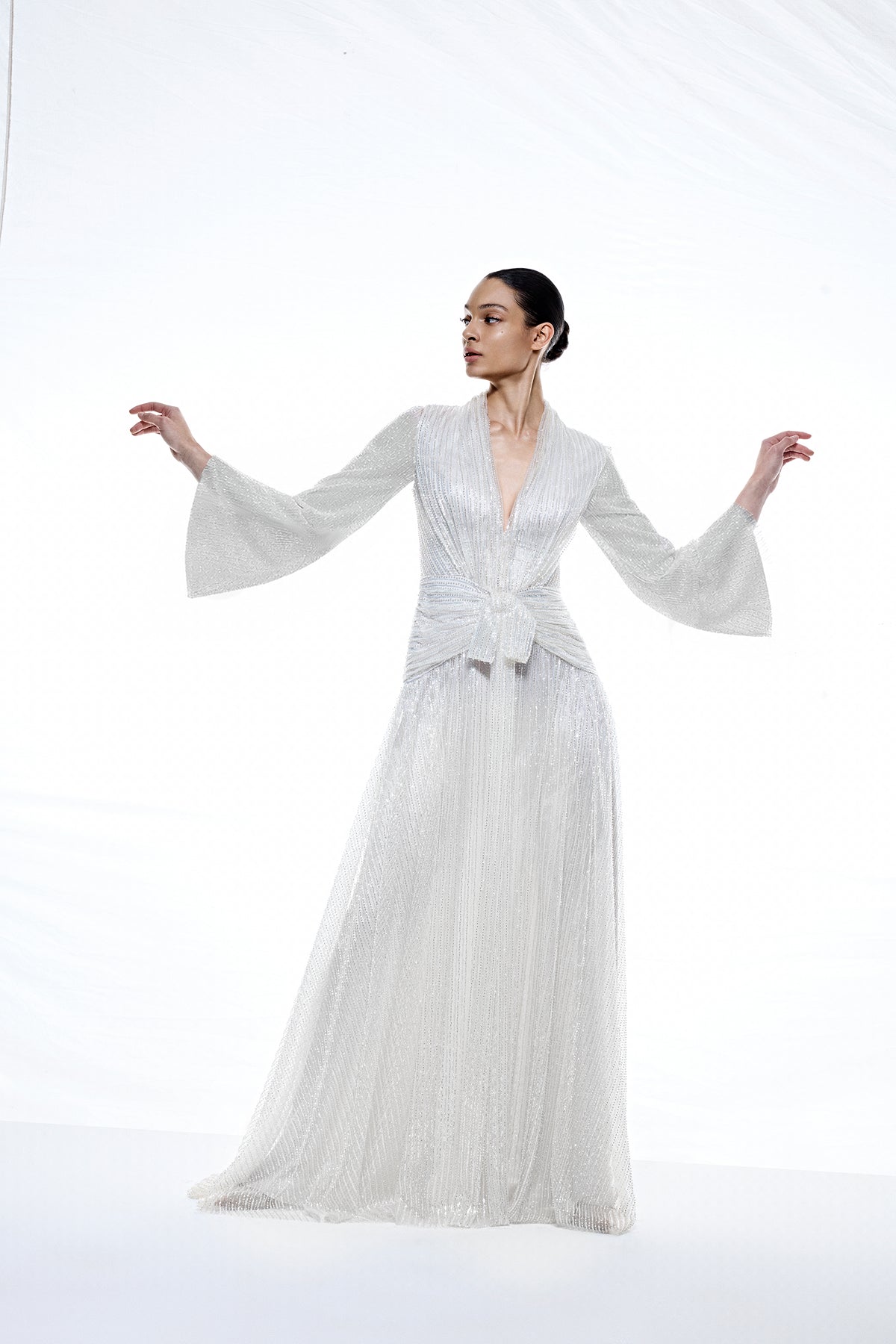 V Yaka Uzun Kollu Uzun Abiye Elbise