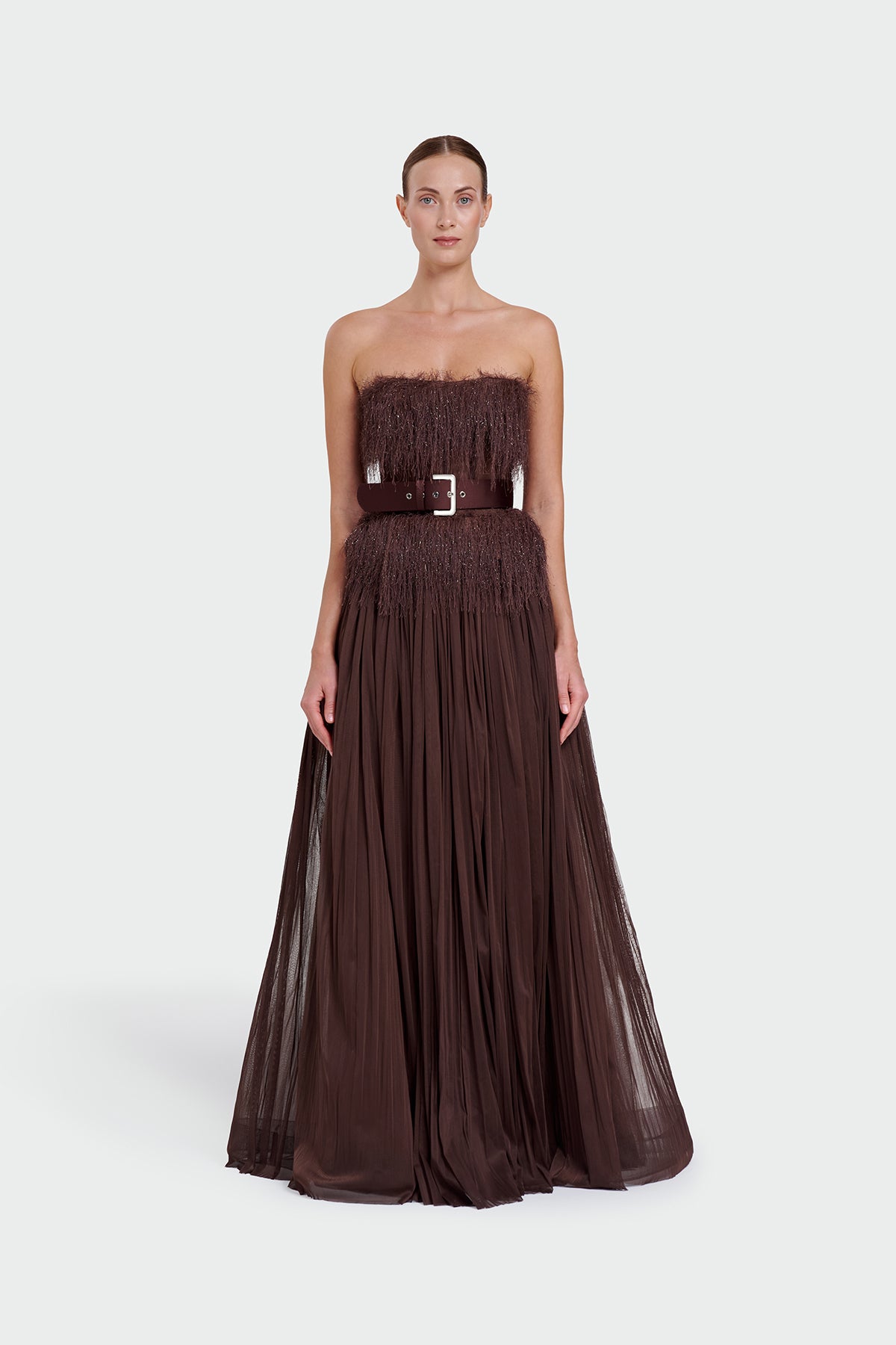 Strapless Belt Detail Slit Long Evening Dress