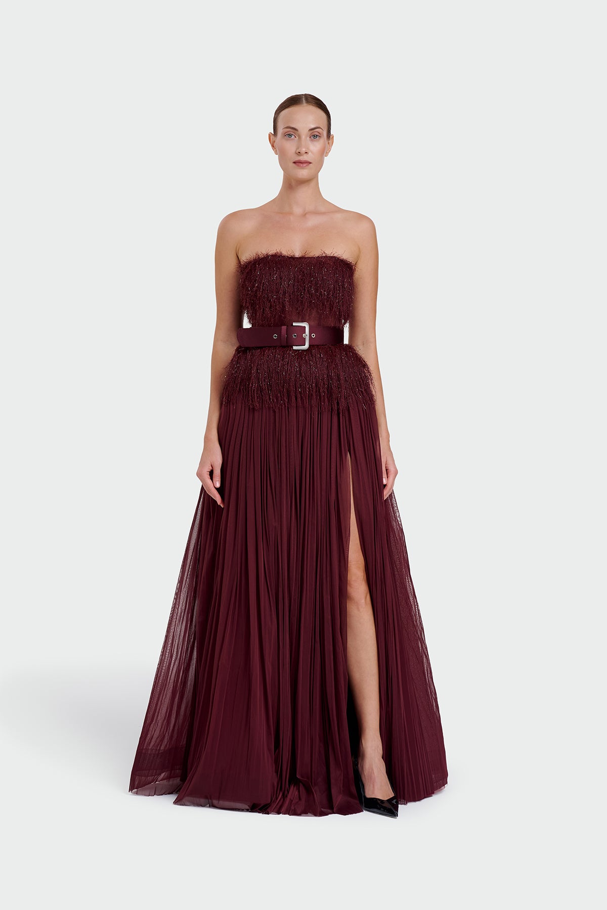 Strapless Belt Detail Slit Long Evening Dress