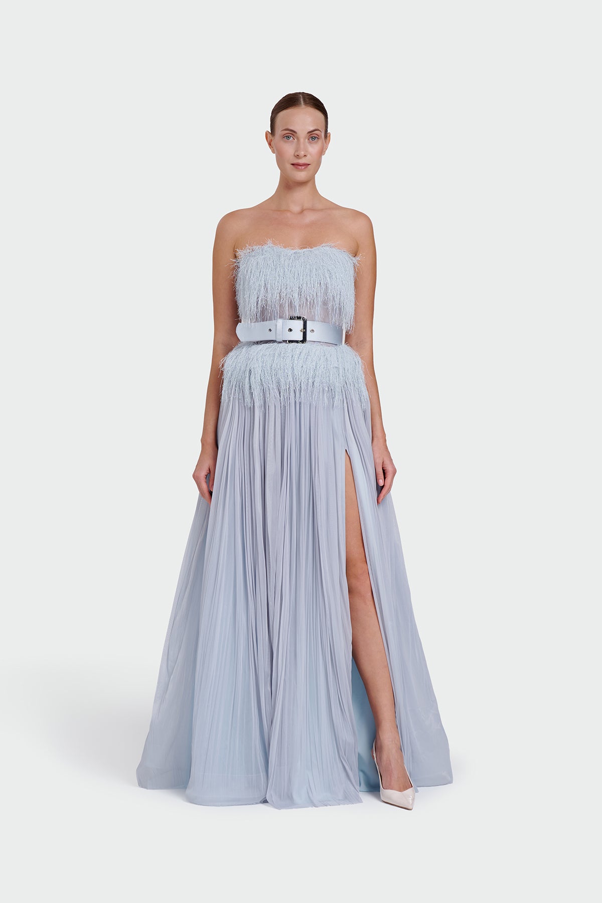 Strapless Belt Detail Slit Long Evening Dress
