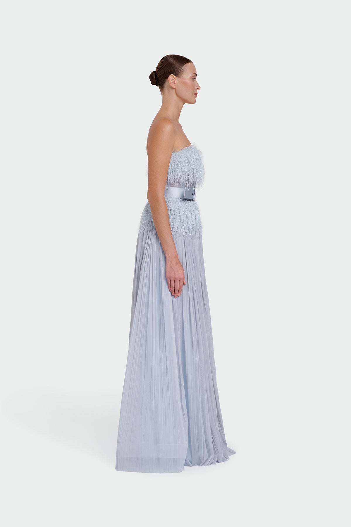 Strapless Belt Detail Slit Long Evening Dress