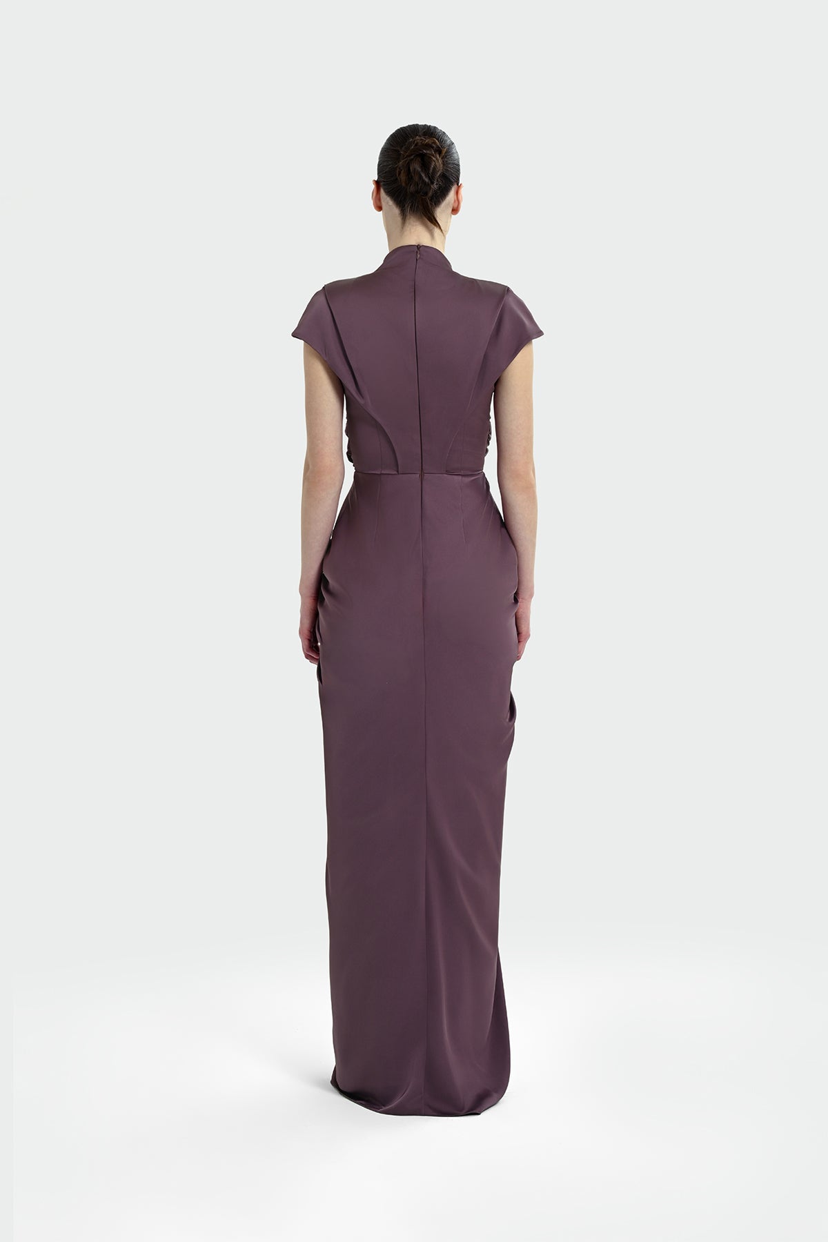 V Yaka Drapeli Bel Detaylı Kısa Kollu Abiye Elbise