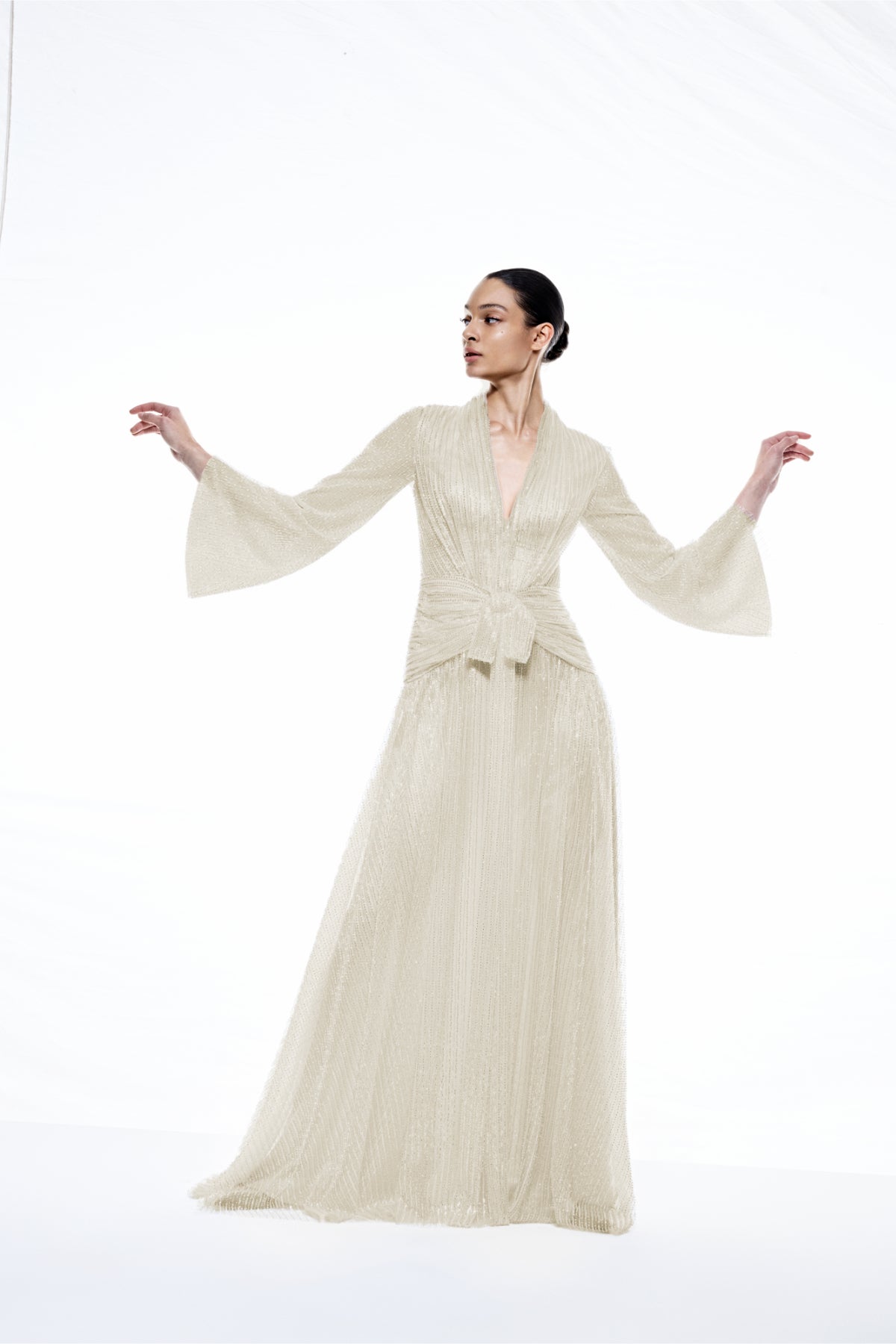 V Yaka Uzun Kollu Uzun Abiye Elbise