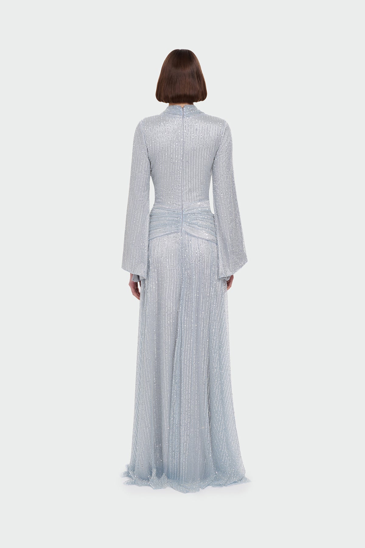 V Yaka Uzun Kollu Uzun Abiye Elbise