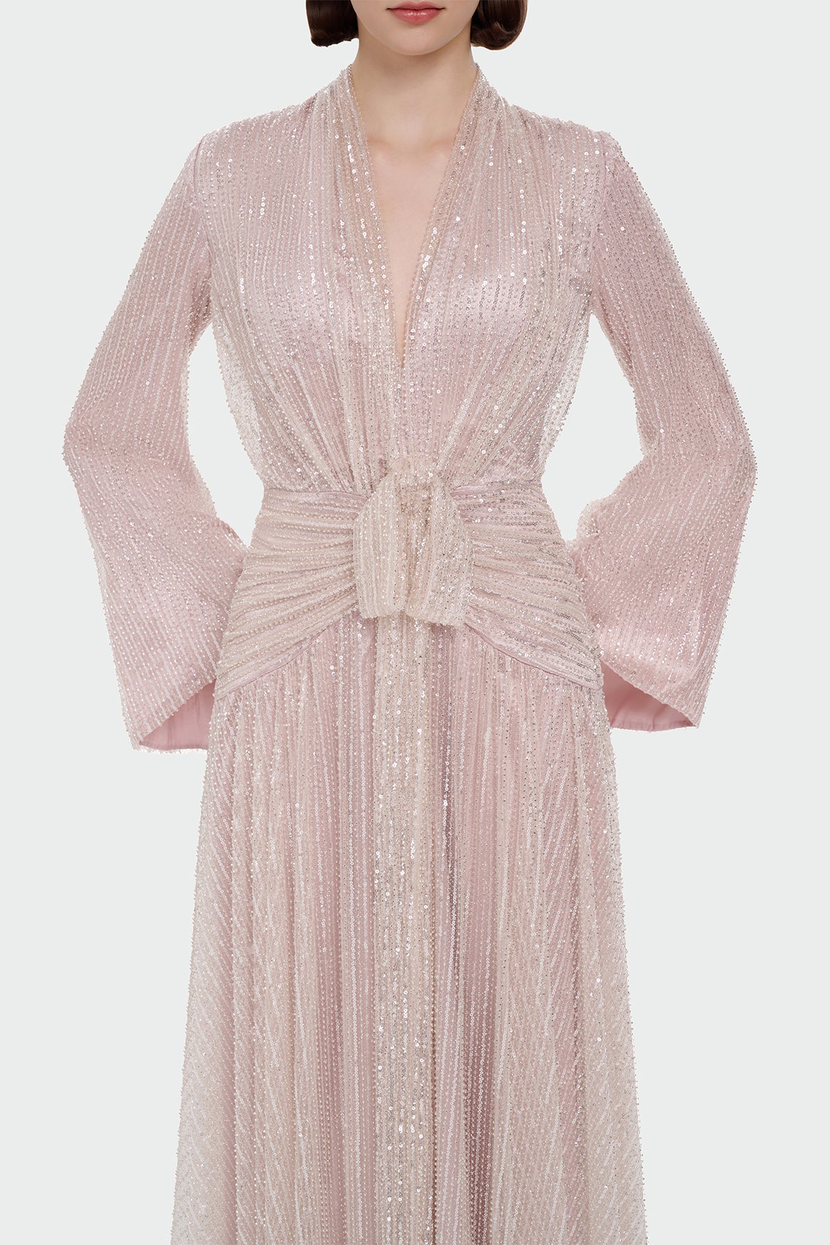 V Yaka Uzun Kollu Uzun Abiye Elbise