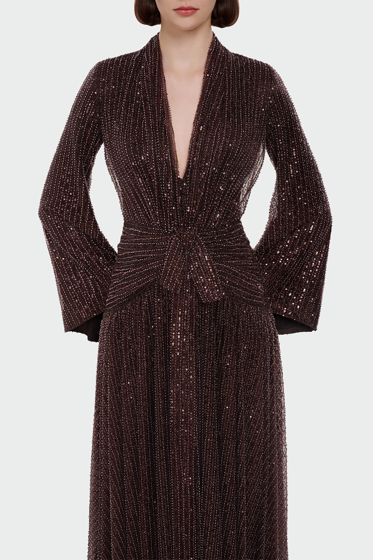 V Yaka Uzun Kollu Uzun Abiye Elbise