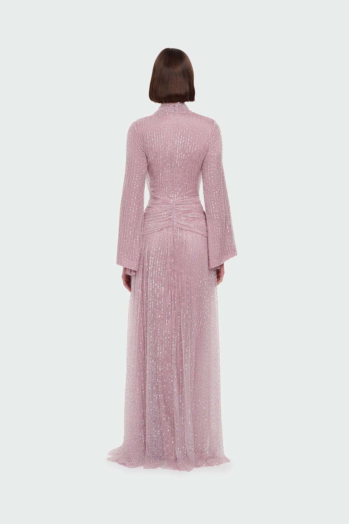 V Yaka Uzun Kollu Uzun Abiye Elbise