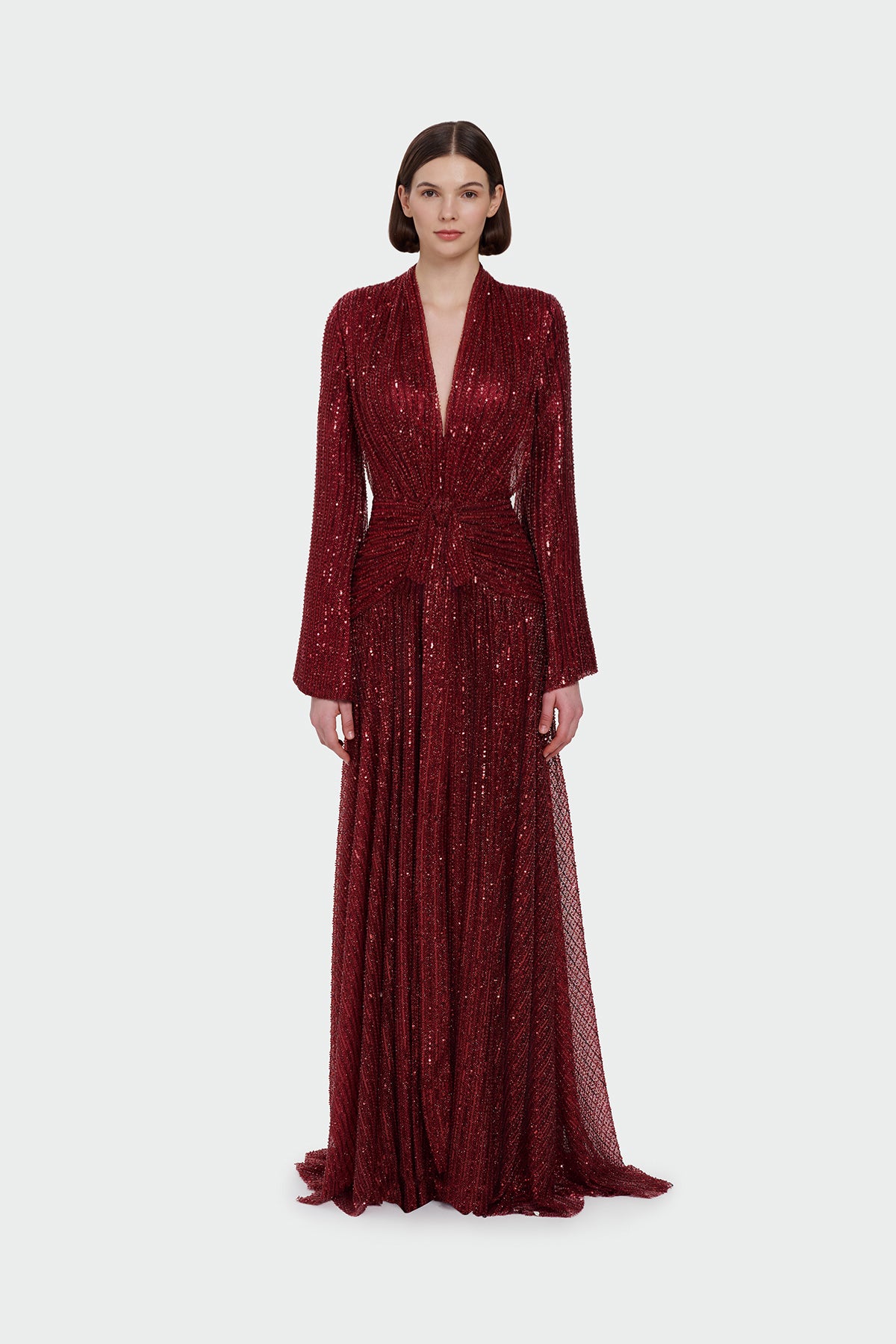 V Yaka Uzun Kollu Uzun Abiye Elbise