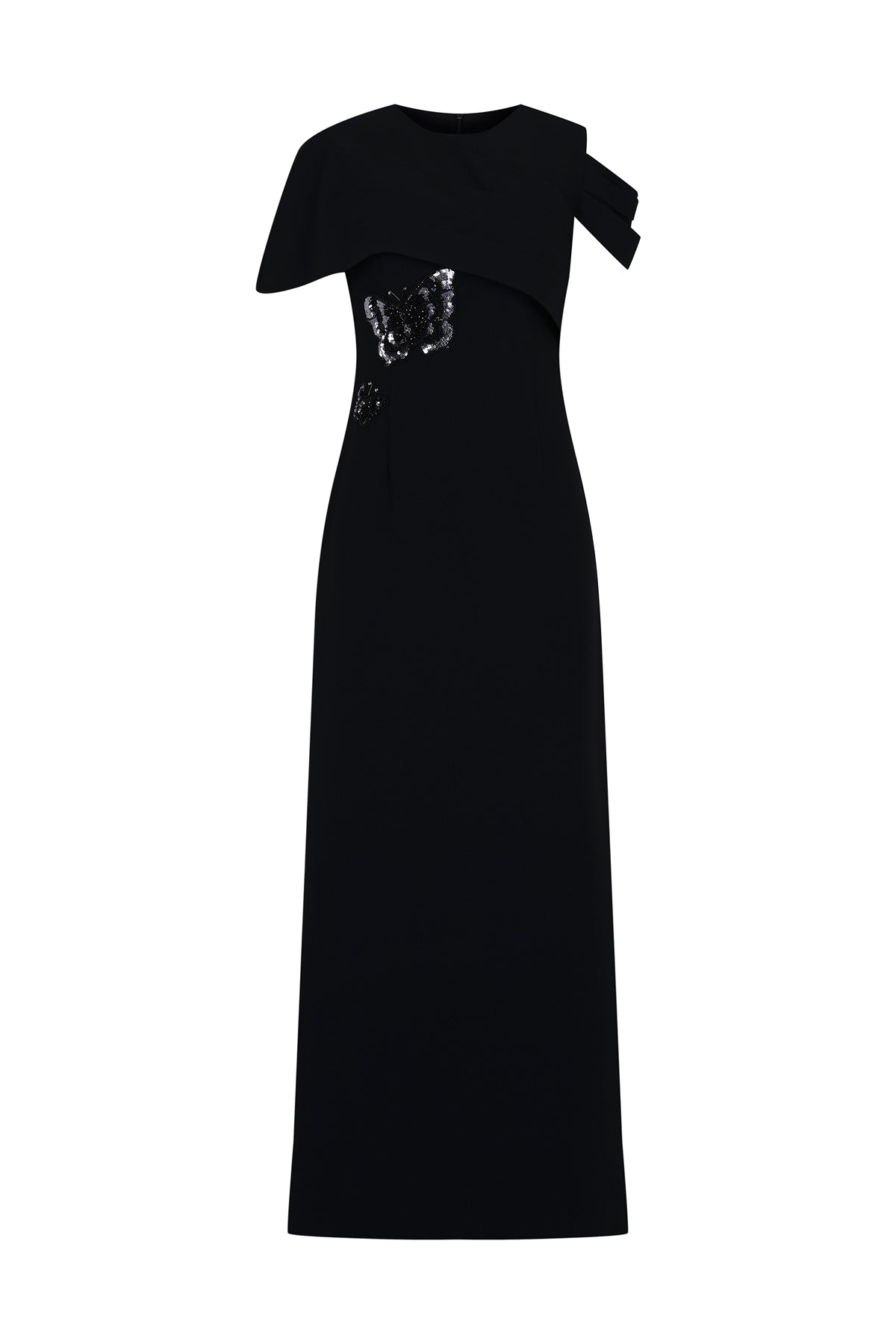 Asymmetrical Draped Waist Embroidered Long Evening Dress