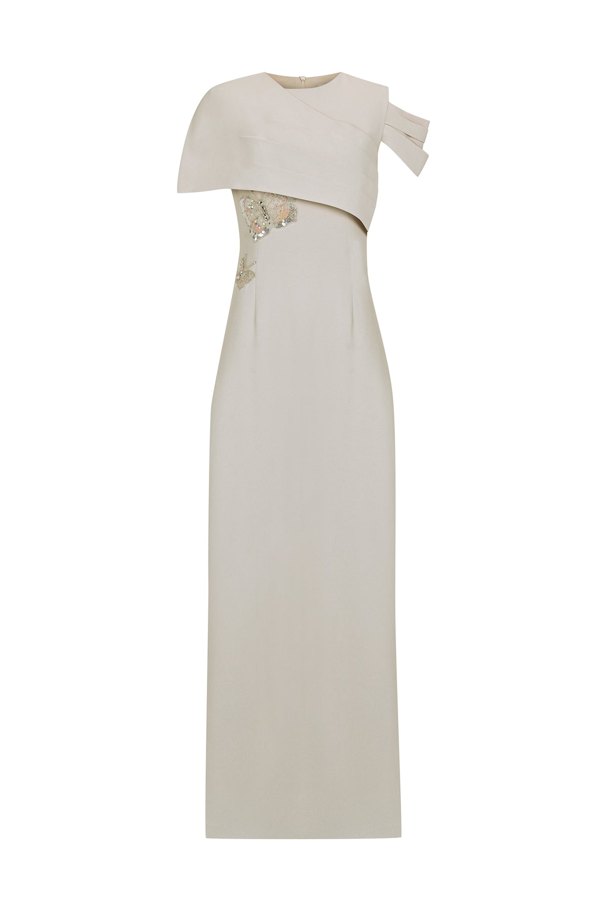 Asymmetrical Draped Waist Embroidered Long Evening Dress