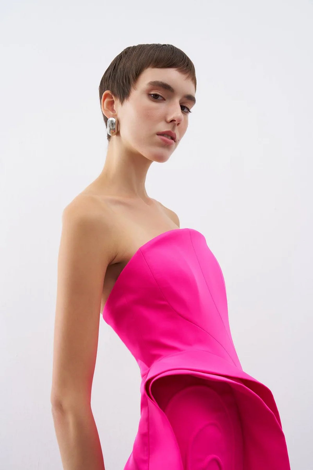 Asimetrik Kesim Drapeli Straplez Uzun Abiye Elbise - Cercis