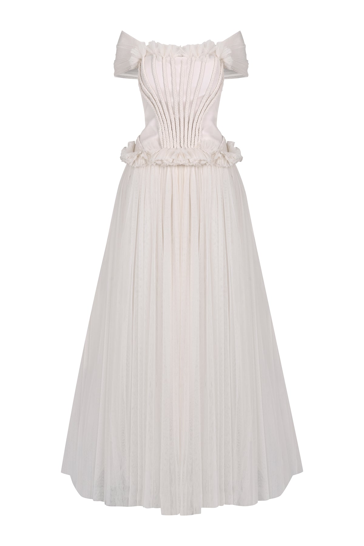 فستان سهرة طويل مكشوف الكتفين مع تفاصيل تجمع الخصر