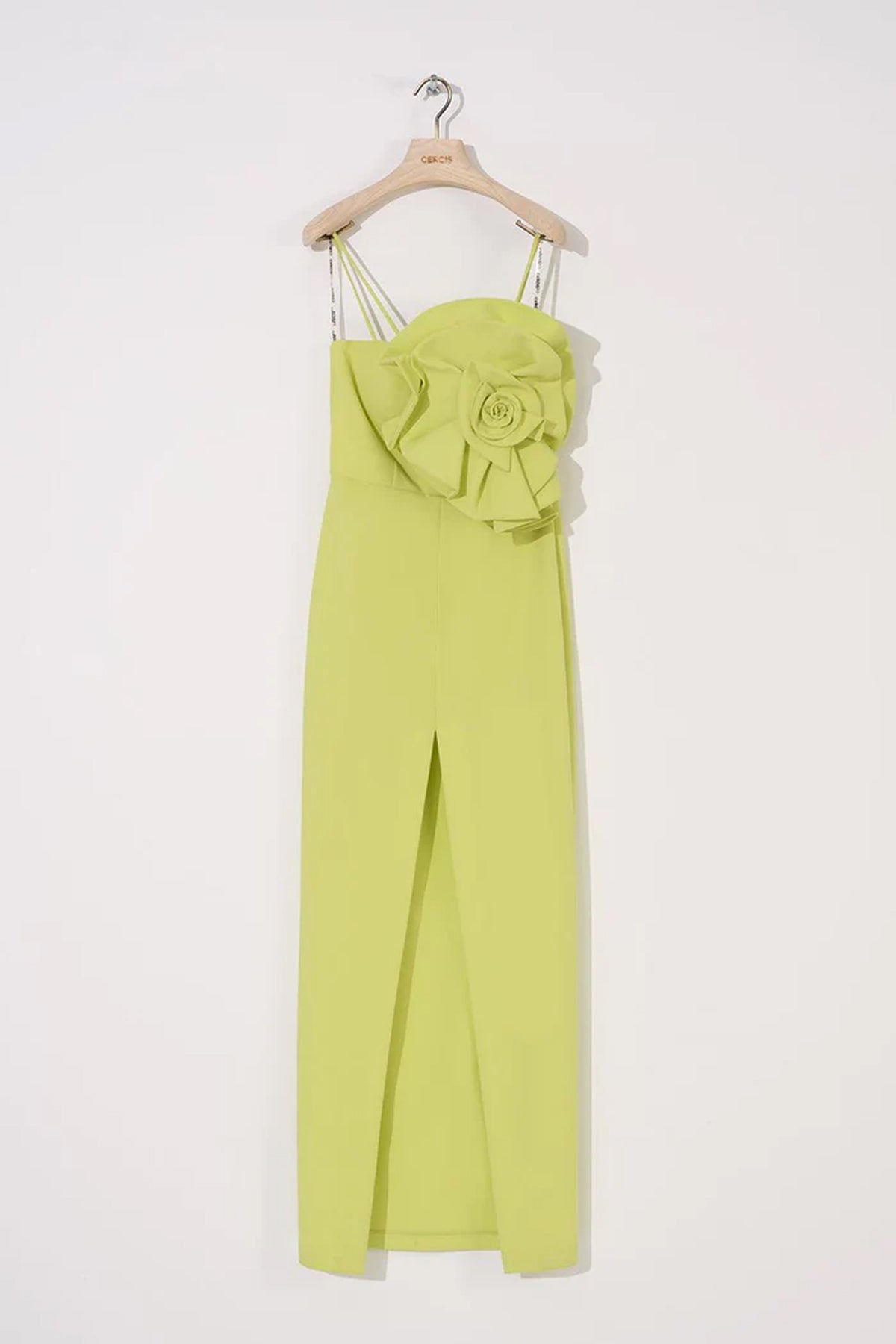Drape Gül Detaylı Önden Yırtmaçlı Elbise - Cercis