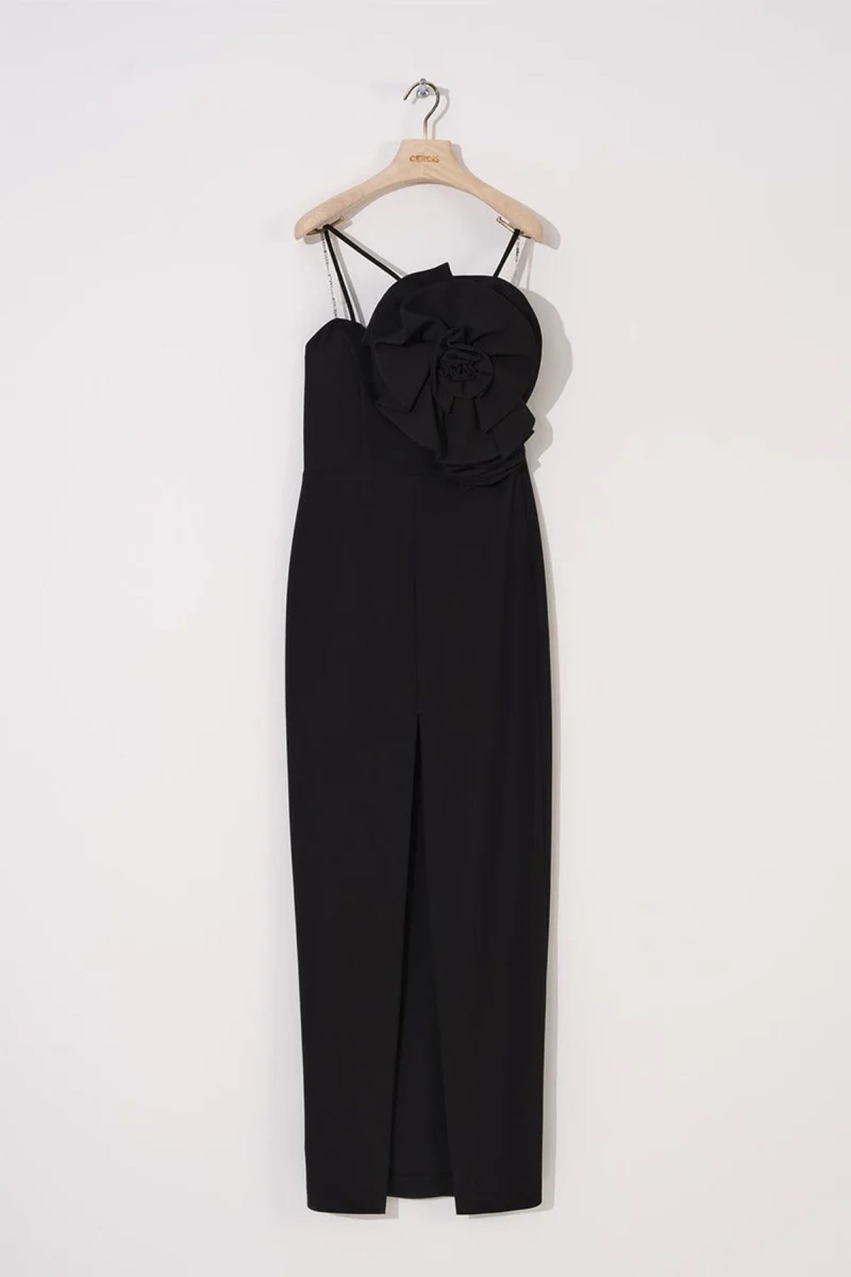 Drape Gül Detaylı Önden Yırtmaçlı Elbise - Cercis