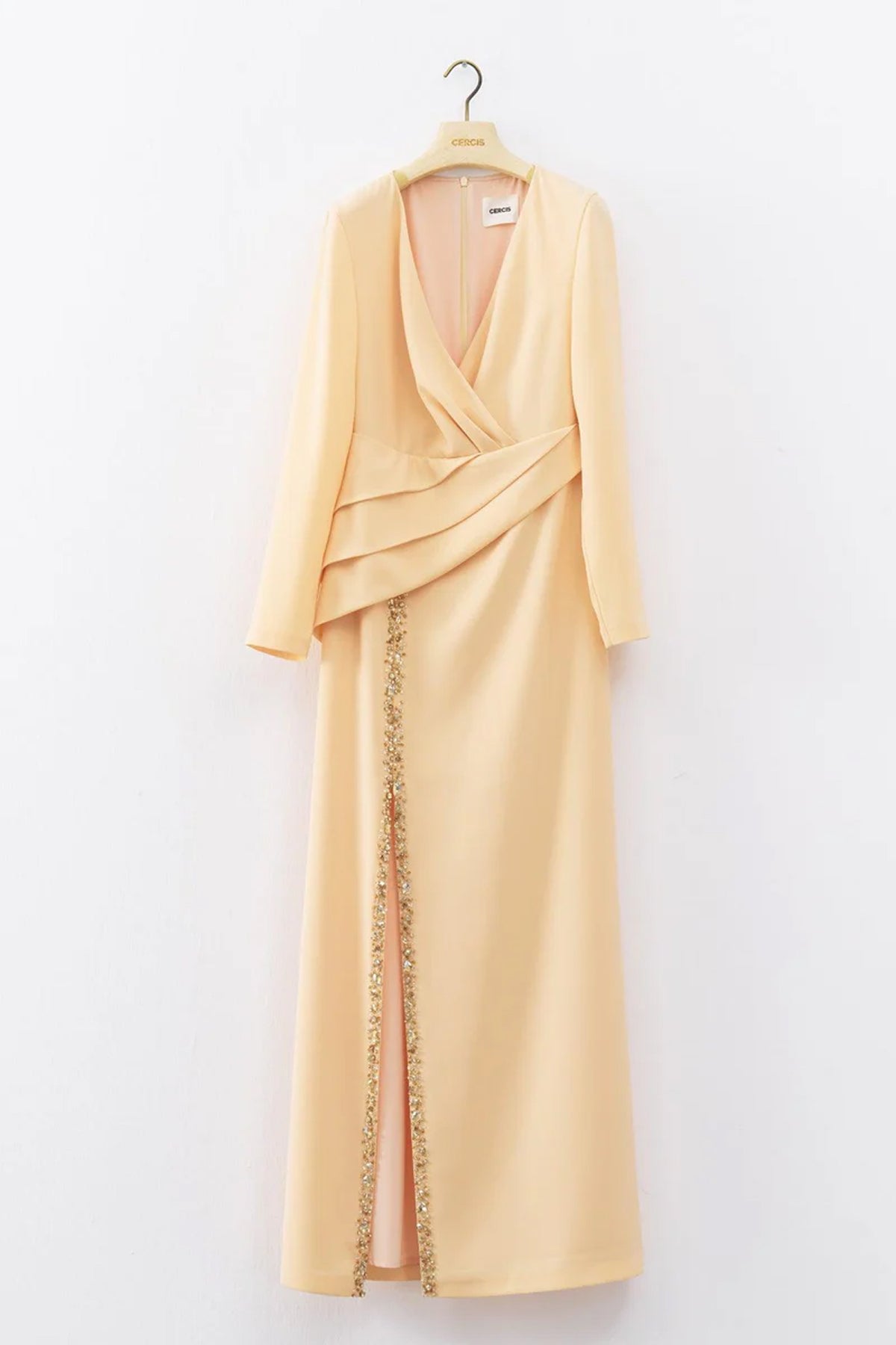 Drape ve İşleme Detaylı Yırtmaçlı Uzun Abiye Elbise - Cercis