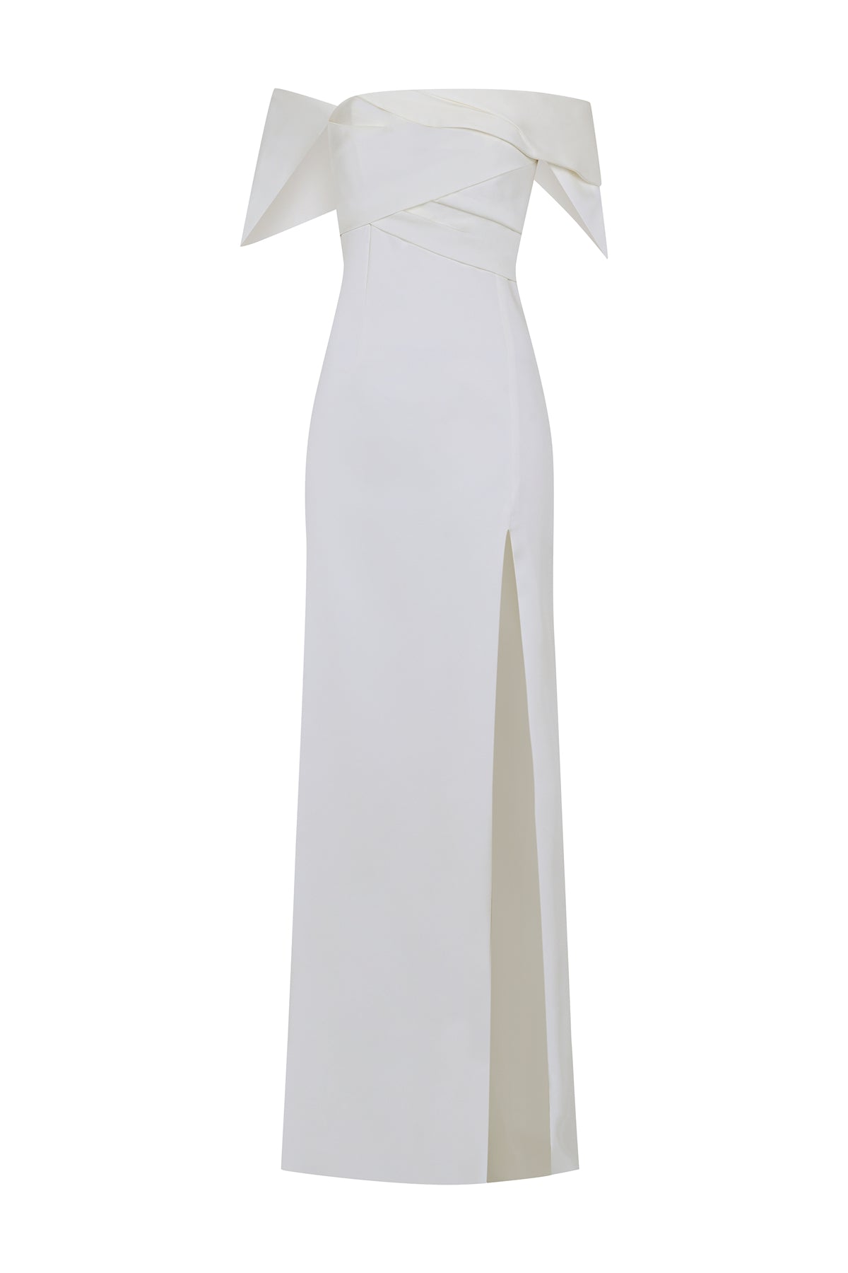 Draped Off-the-Shoulder Slit Detailed Long Evening Dress