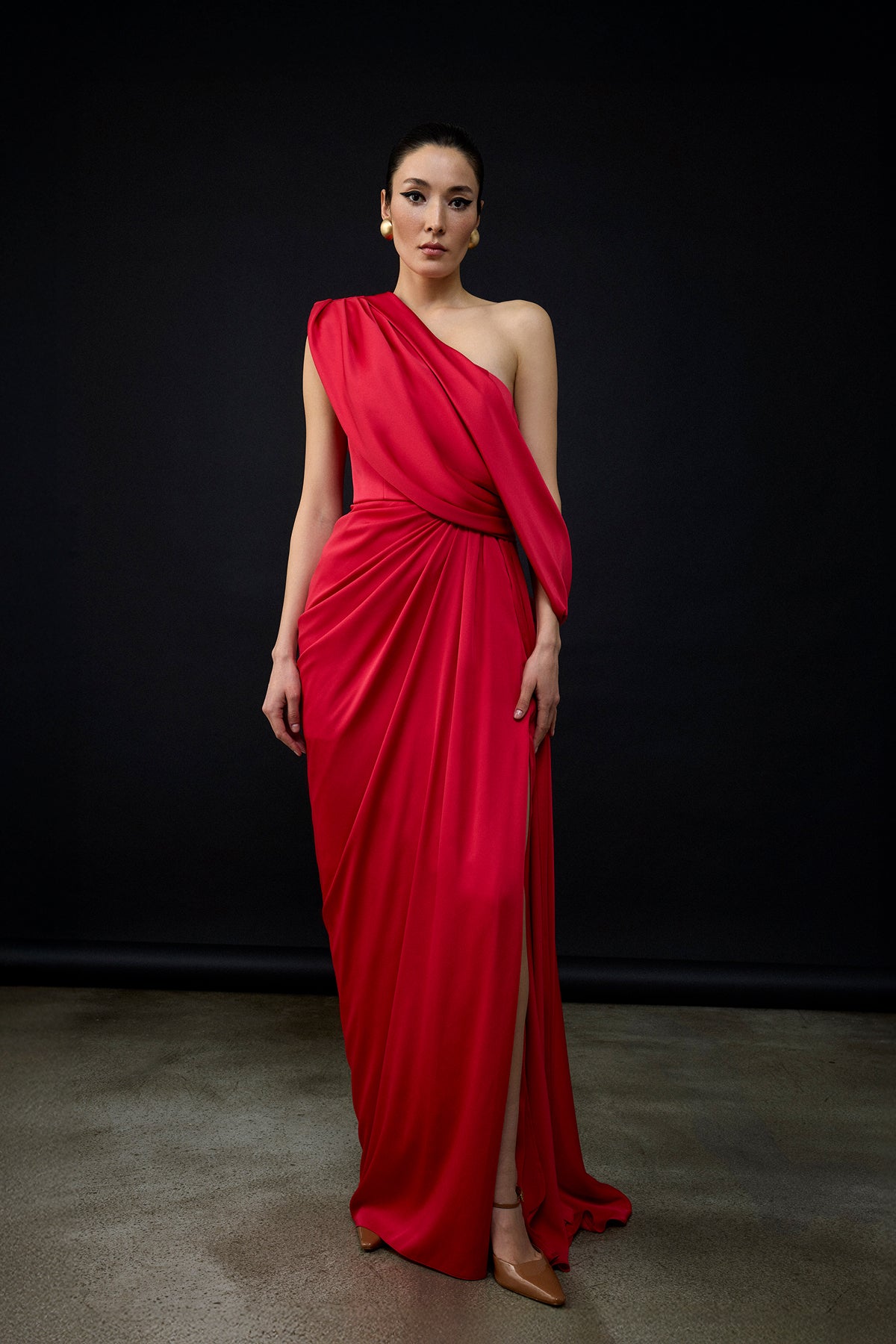 Draped Slit One Shoulder Long Satin Evening Dress - CERCIS Draped Slit One Shoulder Long Satin Evening Dress - CERCIS