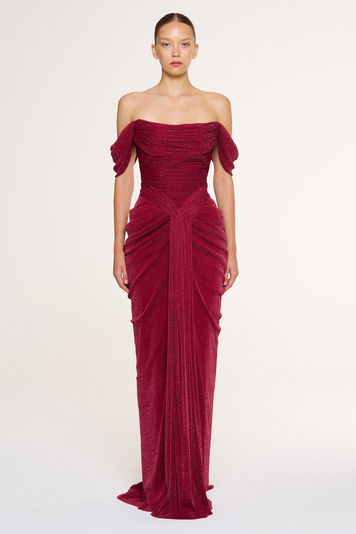 Düşük Omuz Ön Drape Detaylı Abiye Elbise
