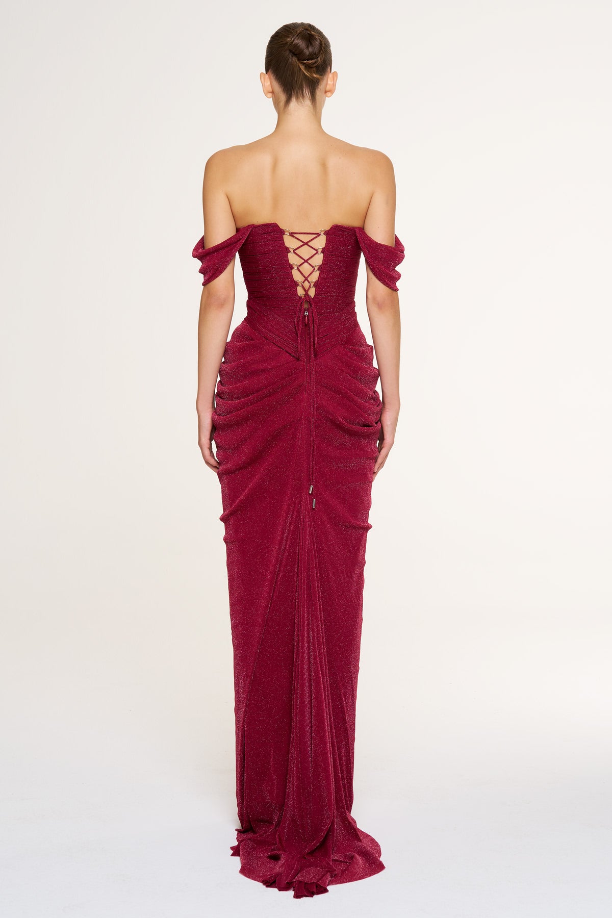 Düşük Omuz Ön Drape Detaylı Abiye Elbise