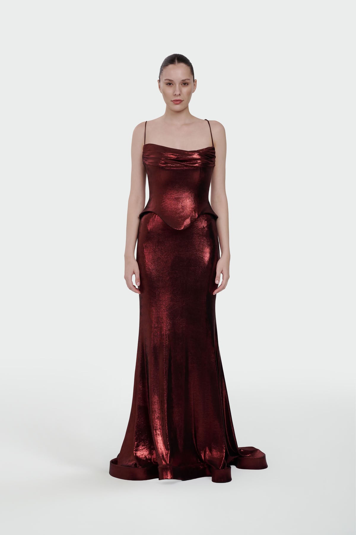 İnce Askılı Drape Detaylı Abiye Elbise