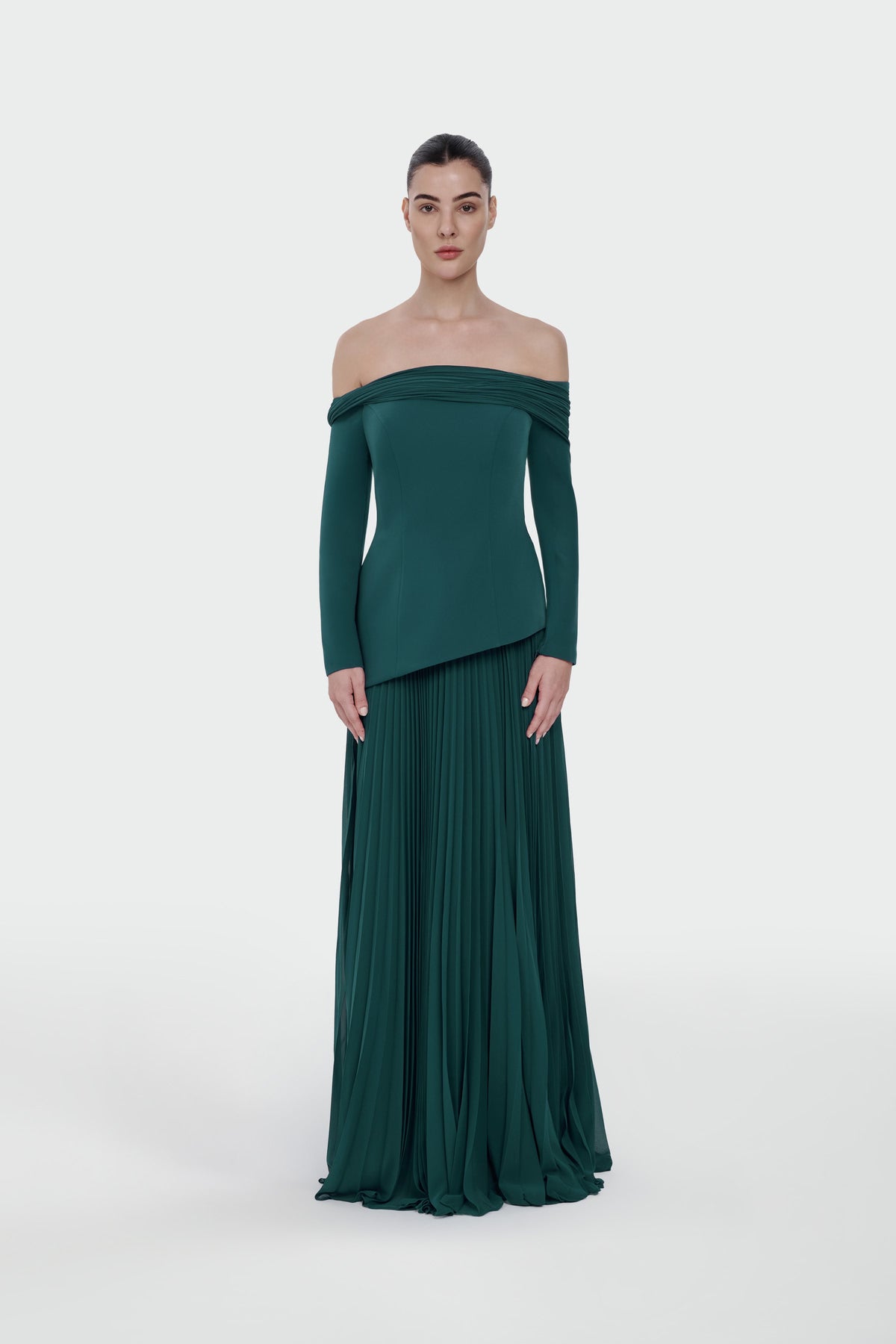Boat Neck Long Sleeve Pleated Evening Dress
