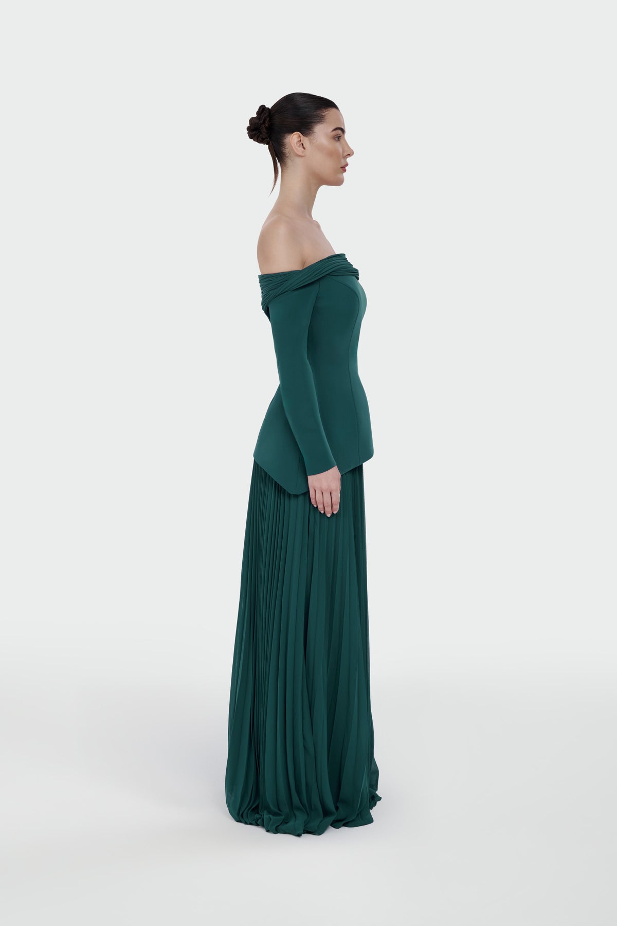 Boat Neck Long Sleeve Pleated Evening Dress