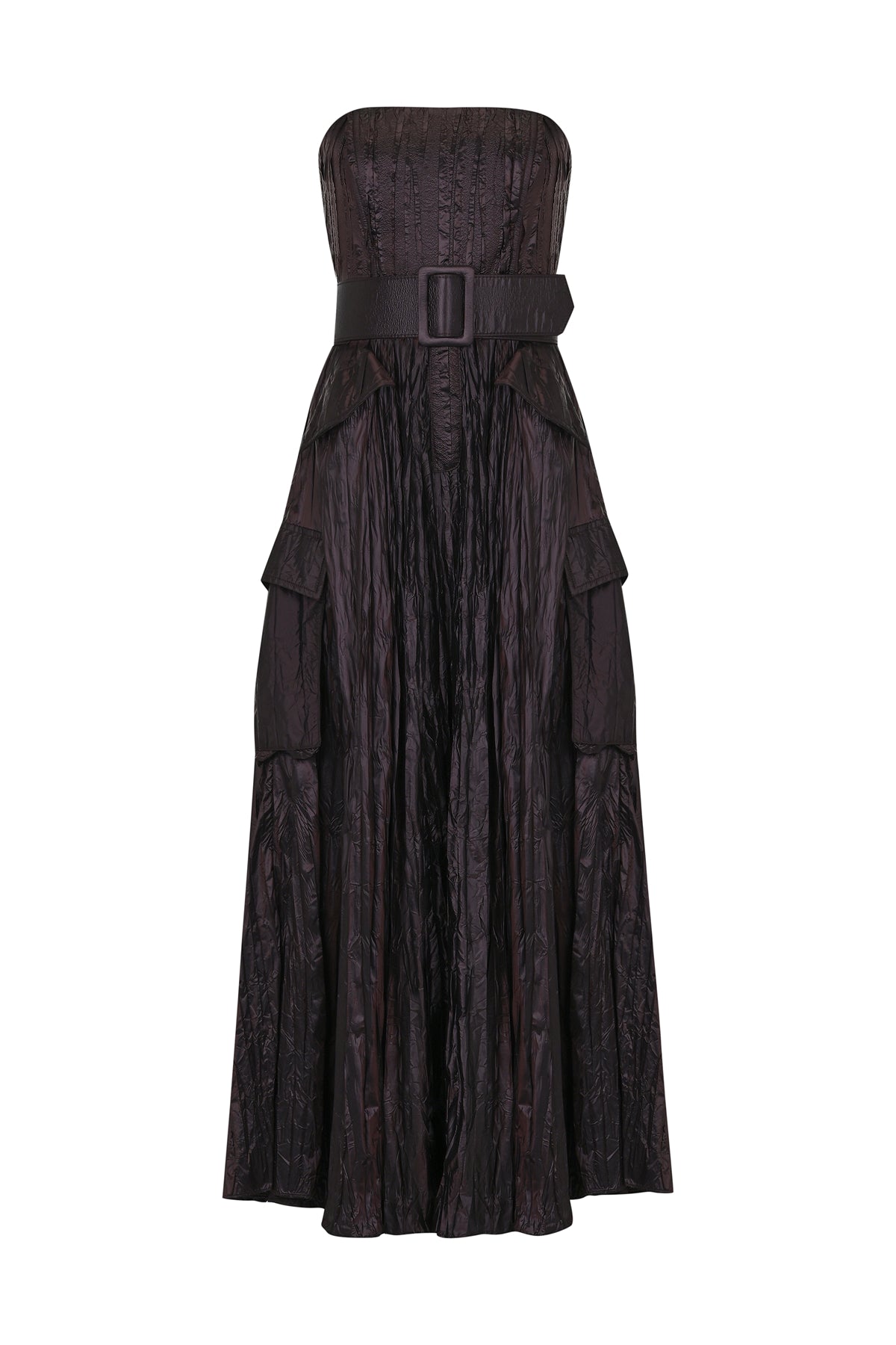 Belt Detailed Pocket Strapless Shiny Long Evening Dress