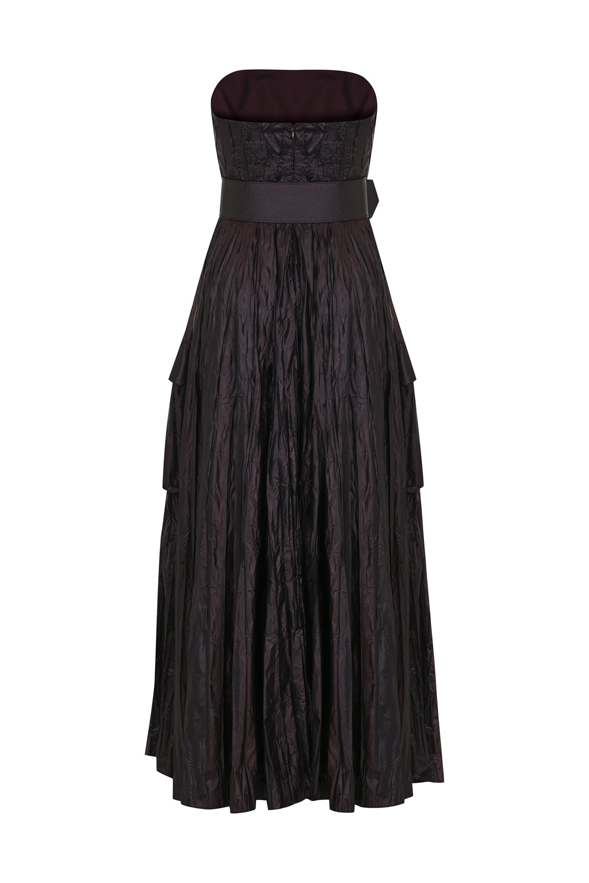 Belt Detailed Pocket Strapless Shiny Long Evening Dress