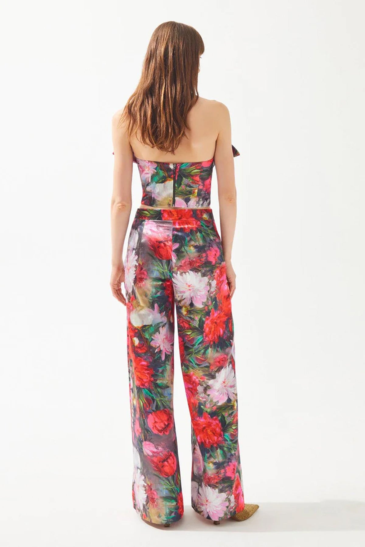 Kırmızı Gül Desenli Straplez Fırfırlı Crop Bluz - Cercis