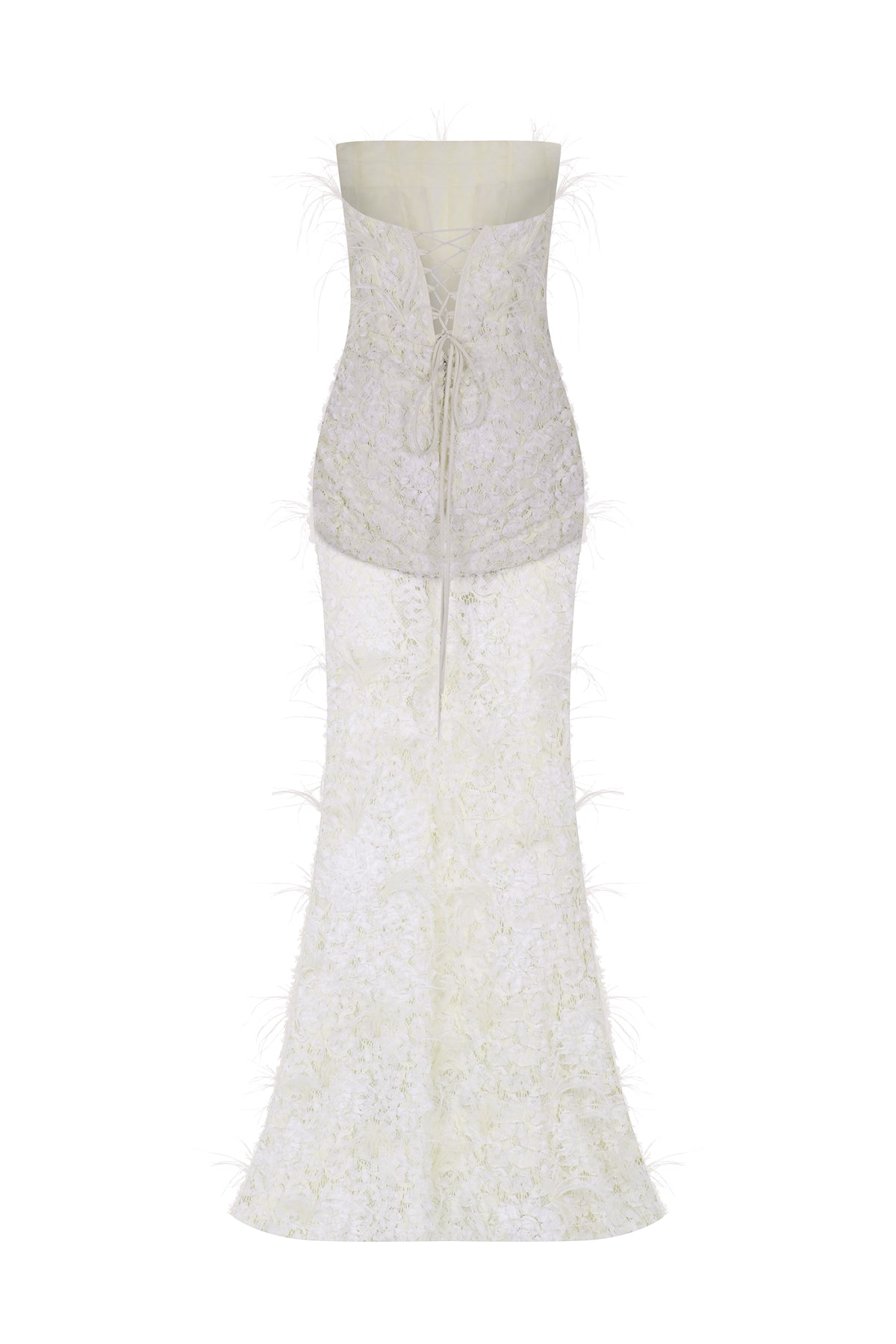 Strapless Long Evening Dress with Feather Detail and Bodice