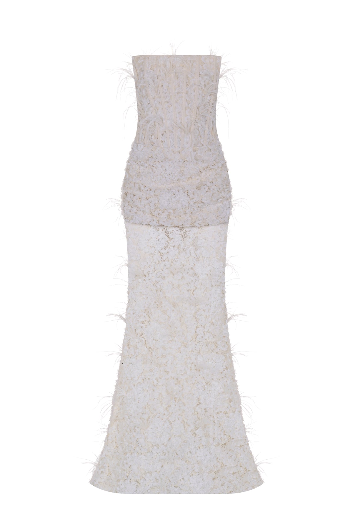 Strapless Long Evening Dress with Feather Detail and Bodice