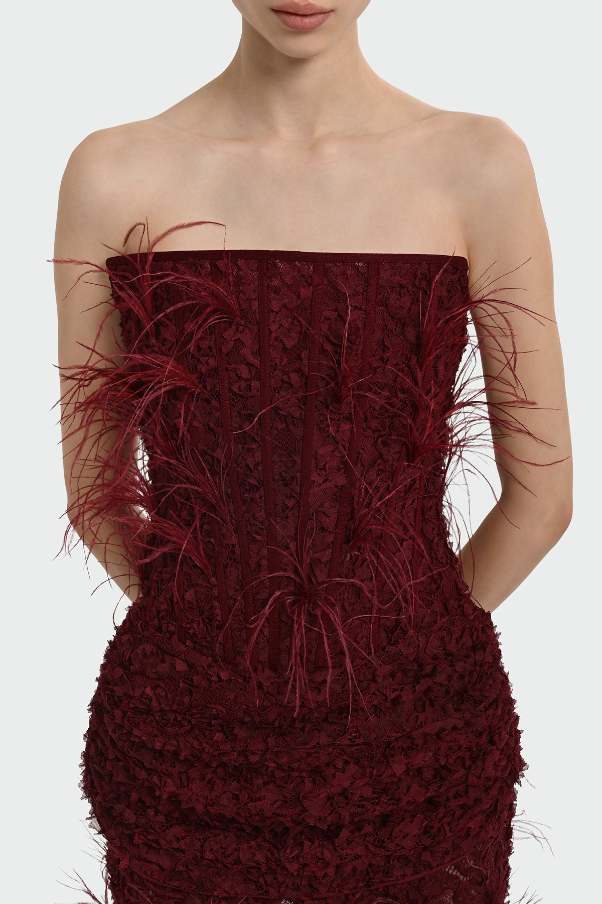 Strapless Long Evening Dress with Feather Detail and Bodice
