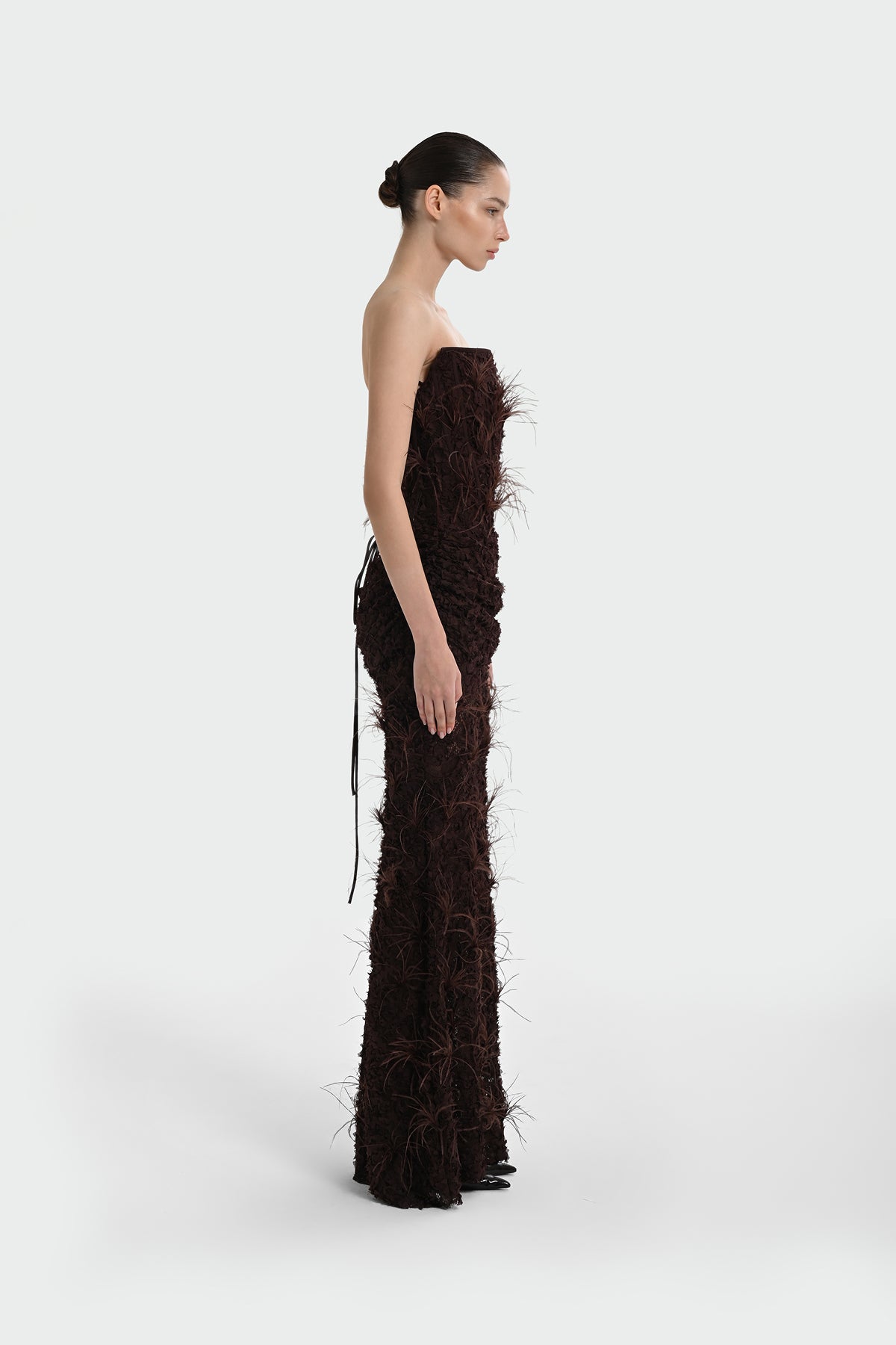 Strapless Long Evening Dress with Feather Detail and Bodice